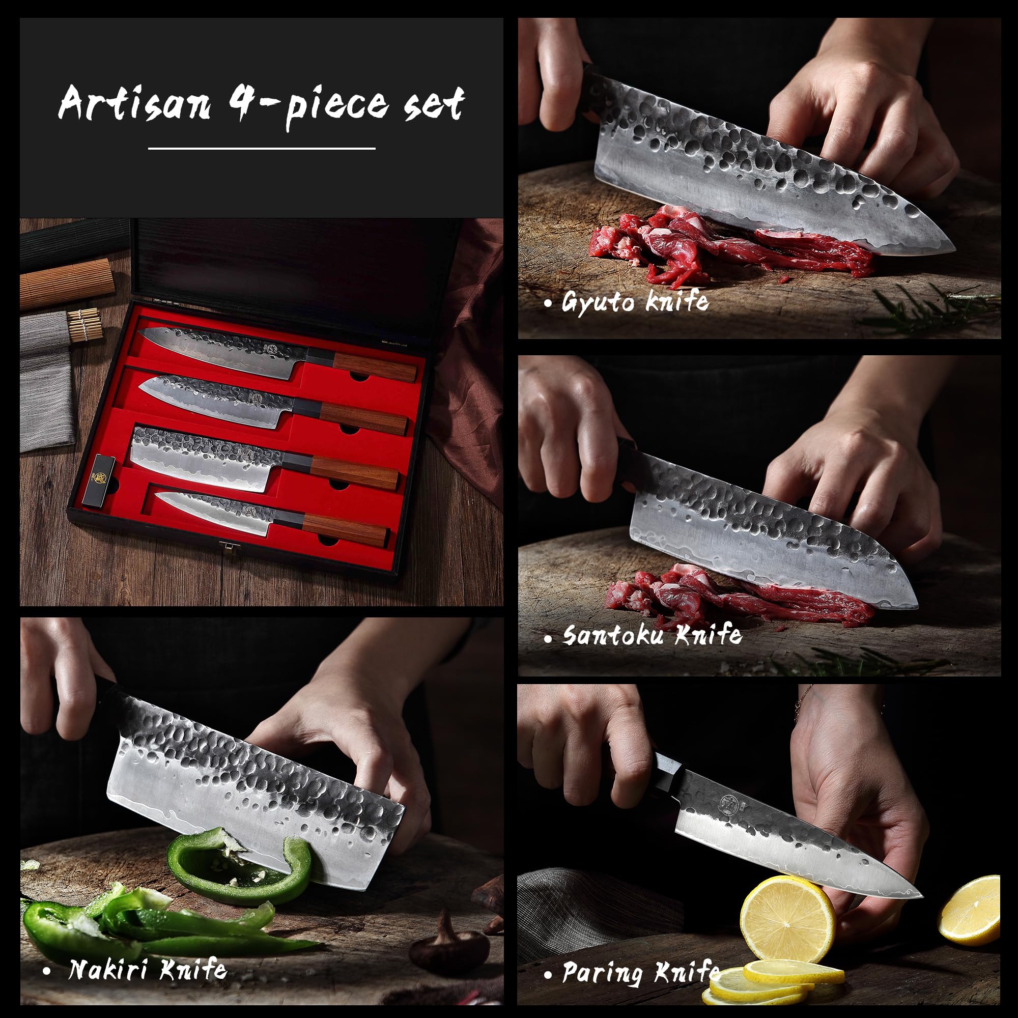 Premium Japanese Chef Knife Set 4 Pcs - Hand Forged High Carbon Steel Kitchen Knives with Rosewood Handle & Sandalwood Gift Box - Ultra Sharp Professional Cooking Knives for Sushi, Meat Cutting & Vegetable Prep