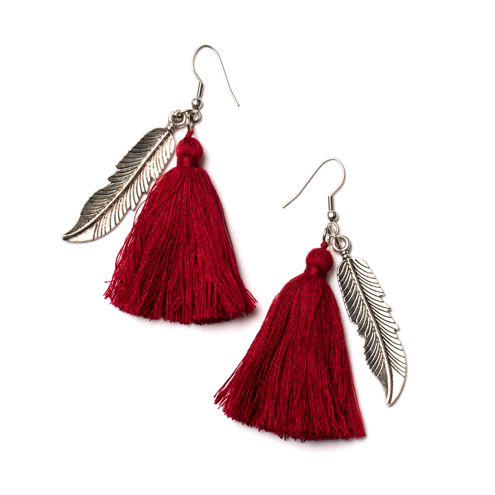 Red Tassel with Leaf Charm Earrings - Bohemian Dangle Earrings for Women - Perfect for Parties, Weddings & Boho Fashion
