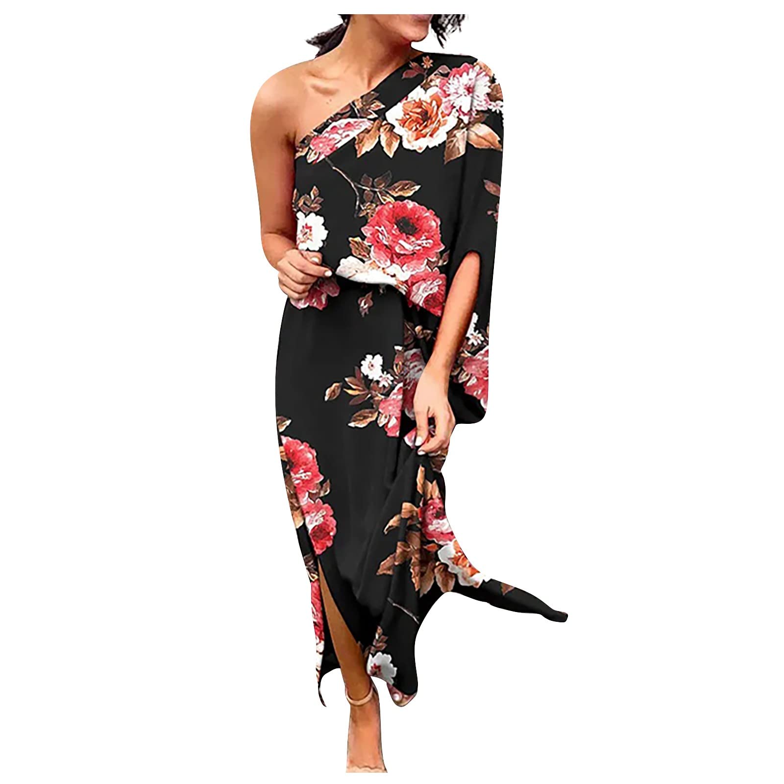 Women's Floral Print Batwing Sleeve One Shoulder Mini Dress with Chain Strap - Sexy Summer Club Dress for Night Out, Beach Vacation & Party Wear