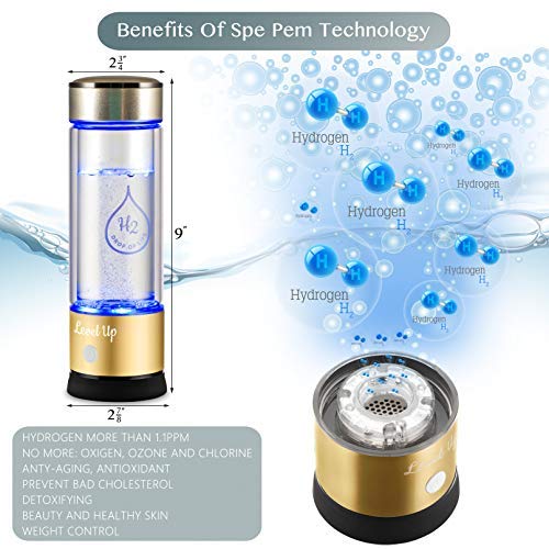 LevelUpWay 2025 Hydrogen Water Bottle Generator - SPE PEM Ionic Membrane Technology - 13oz High Borosilicate Glass Bottle (Gold) - Premium Alkaline Hydrogen Water Maker for Home, Office, Gym & Travel Hydration