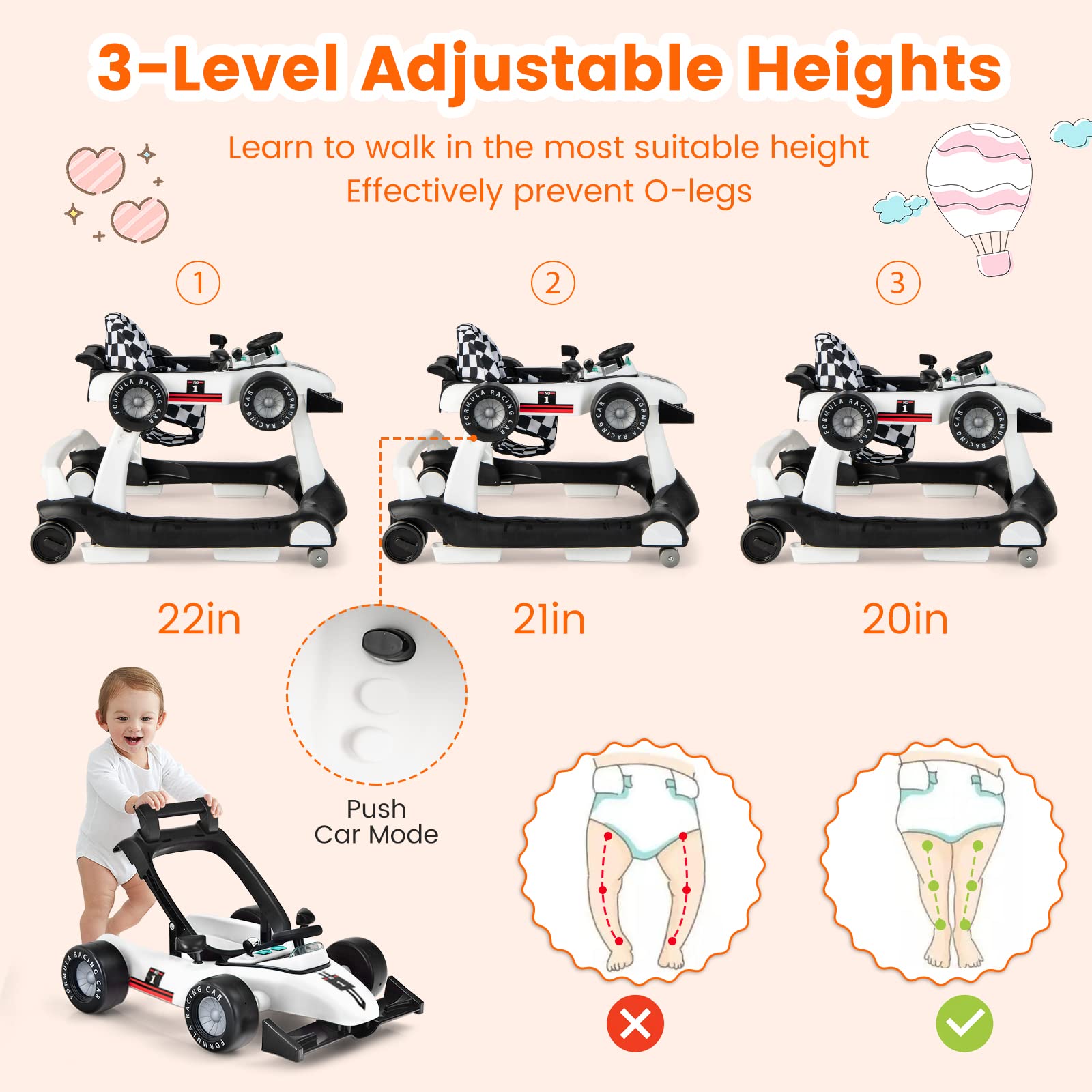 HONEY JOY 4-in-1 Baby Walker & Activity Push Walker with 3 Adjustable Heights, Smooth Wheels, Speed Control, Padded Seat, Music & Lights - Foldable Infant Walker for Boys & Girls 6-24 Months (White) - Perfect for Learning to Walk, Playtime & Indoor Activities