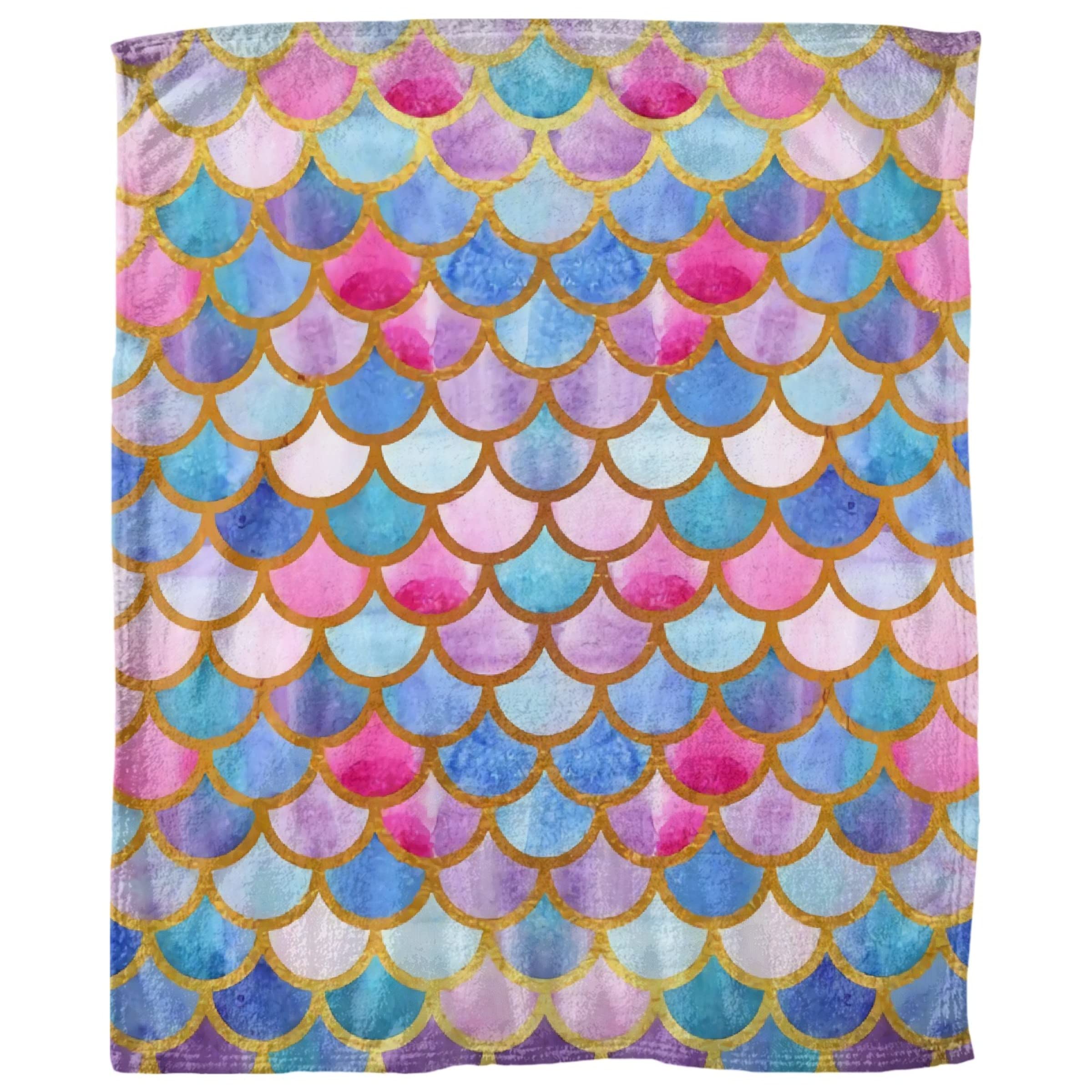 **ARNOVIC Mermaid Fish Scale Blanket - Soft Flannel Throw for Girls & Women, 90x120 Inch King Size, Cozy Warm Mermaid Print Blanket for Bedroom, Living Room Decor, Perfect for Gifts, Sleepovers & Movie Nights**