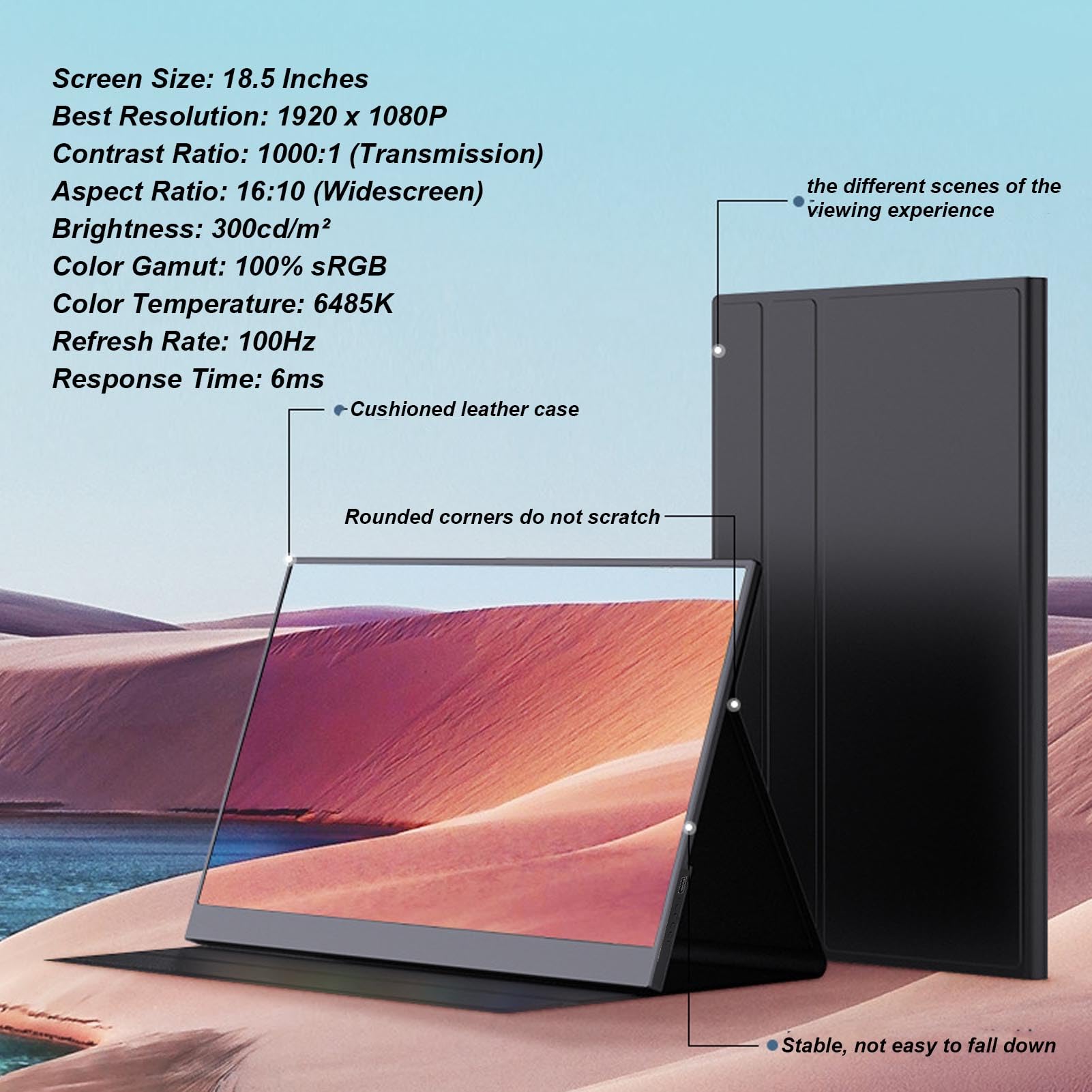 18.5 Inch Portable Gaming Monitor - Ultra Thin IPS Display 1920x1080 100Hz, USB C External Second Monitor with Removable Cover, Adjustable Stand, VESA Mount - Perfect for Work, Travel & Multi-Screen Setup