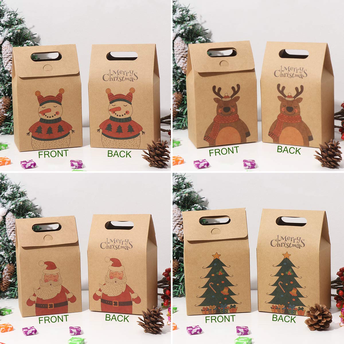 HEMOTON 16PCS Christmas Treat Bags - Durable Kraft Paper Gift Wrapping Bags for Cookies, Candy & Chocolate - Perfect for Holiday Parties, Gift Giving & Food Storage
