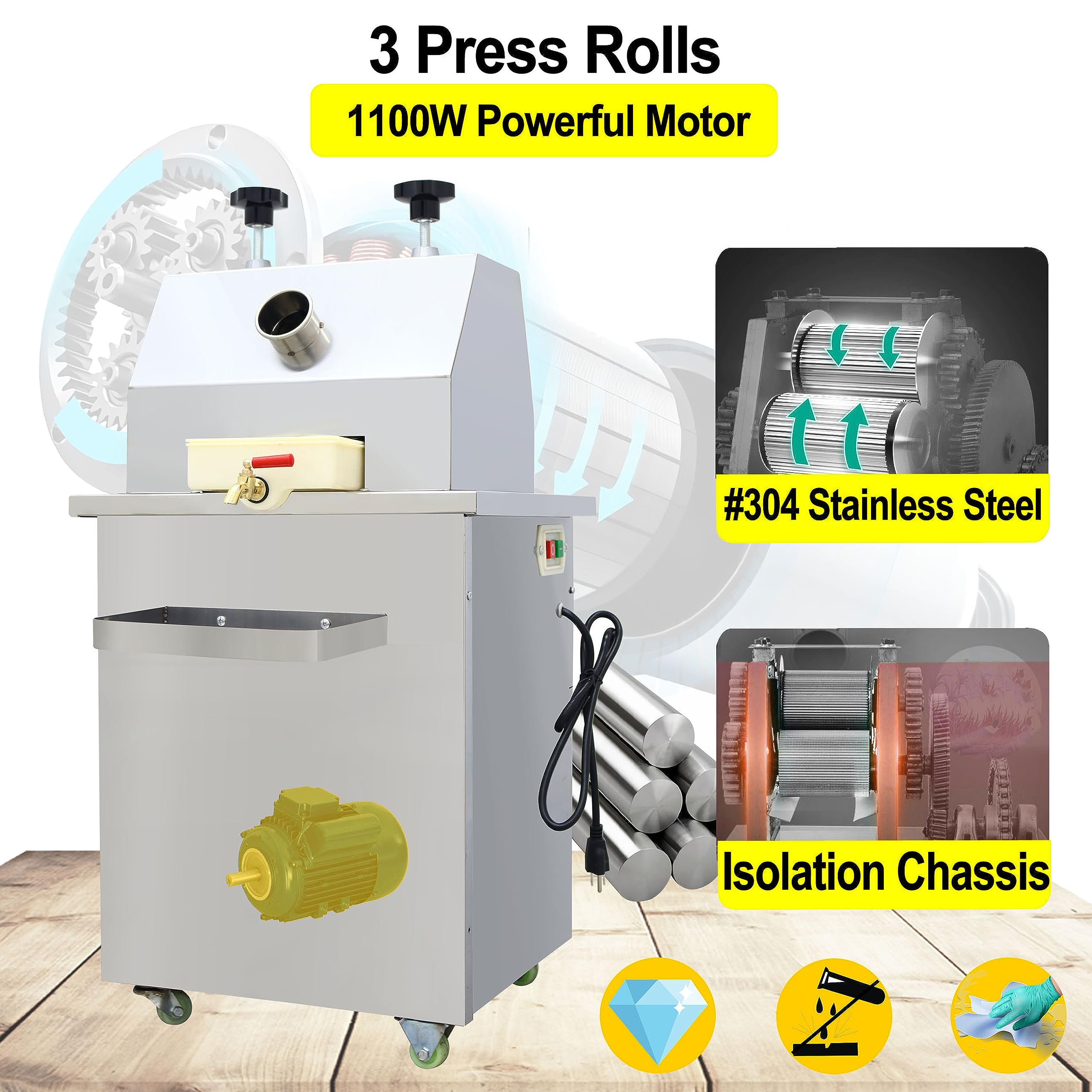 Commercial & Home Use 110V Electric Sugar Cane Juice Press Machine - 1100W 3-Roller Extractor with 4 Casters | Perfect for Juice Bars, Restaurants & Healthy Home Drinks