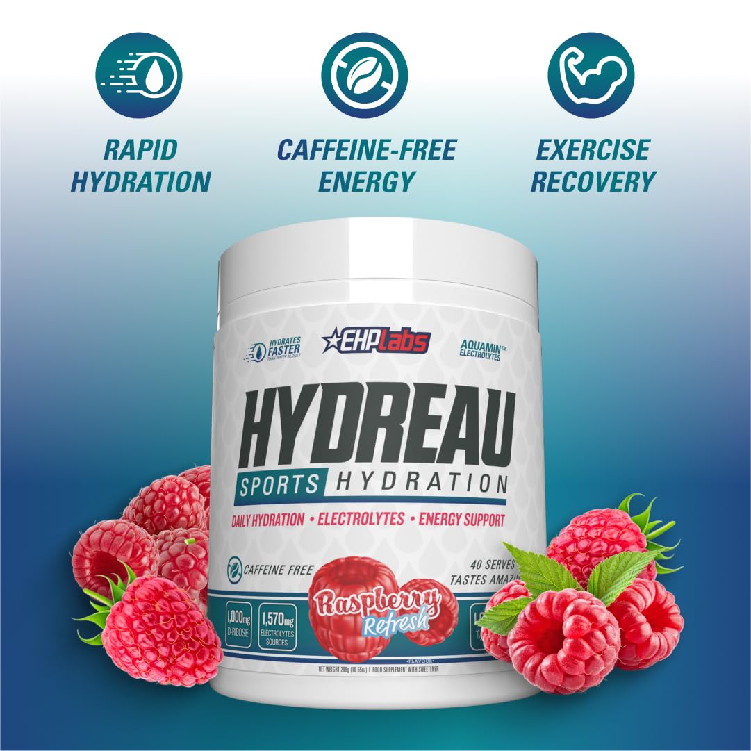 EHP Labs Hydreau Hydration Support Powder - 40 Servings | Electrolyte & Vitamin Supplement for Hydration & Recovery | Perfect for Workouts, Travel & Daily Hydration Needs