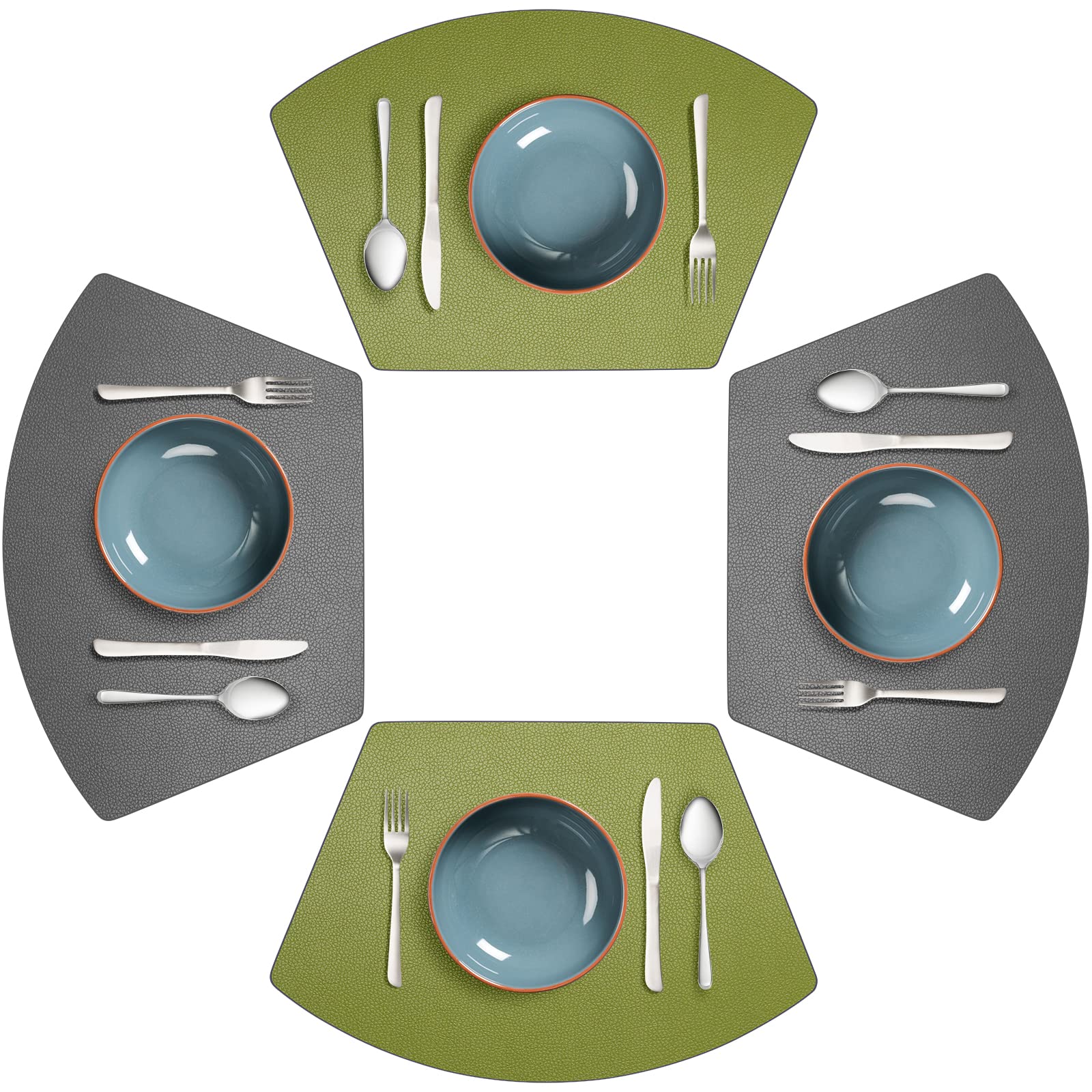 Round Table Placemats Set of 4 - Wedge Shaped Heat Resistant Non-Slip Leather Place Mats - Washable & Wipeable for Dining Room - Green & Gray - Perfect for Family Dinners, Parties & Holiday Gatherings