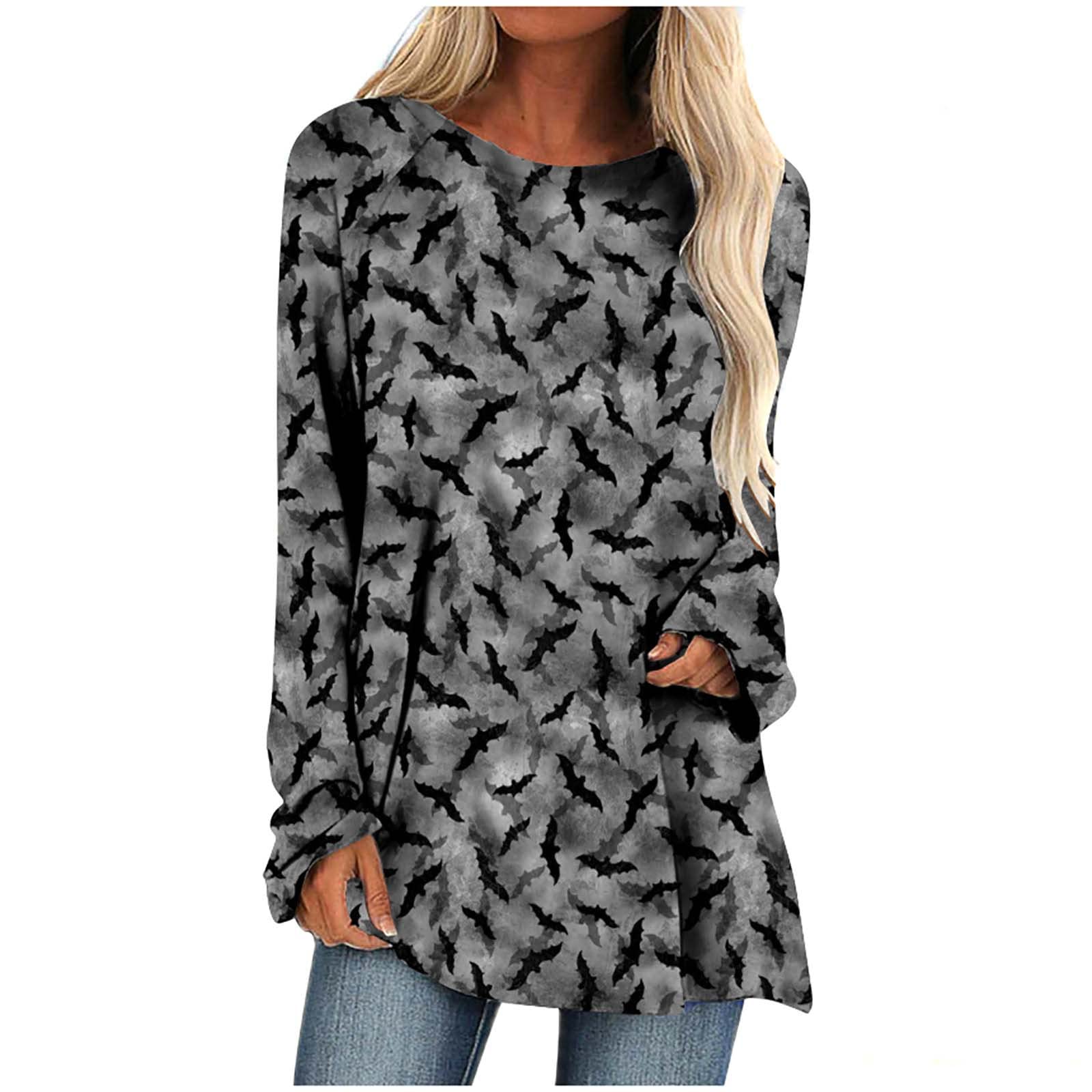 Funny Halloween Skeleton Skull Graphic Tee for Women - Plus Size Long Sleeve Tunic T-Shirt | Fall Fashion, Costume Party Outfit, Spooky Season Apparel