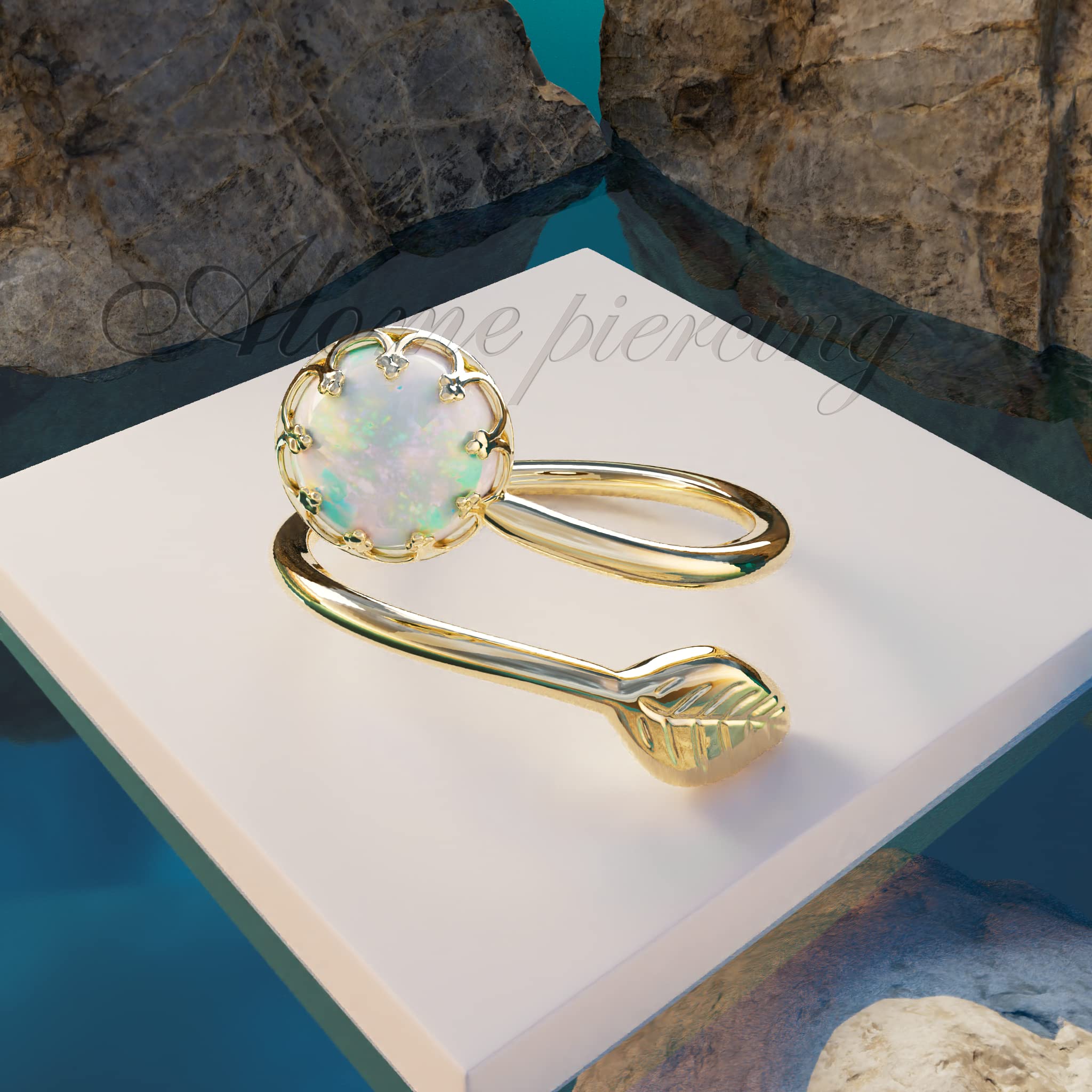 14K Gold Opal Ring with White Opal & Leaf Design - Elegant Wrap Band Jewelry for Women | Perfect Gift for Anniversary, Birthday & Special Occasions | Comes in Luxury Jewelry Gift Box