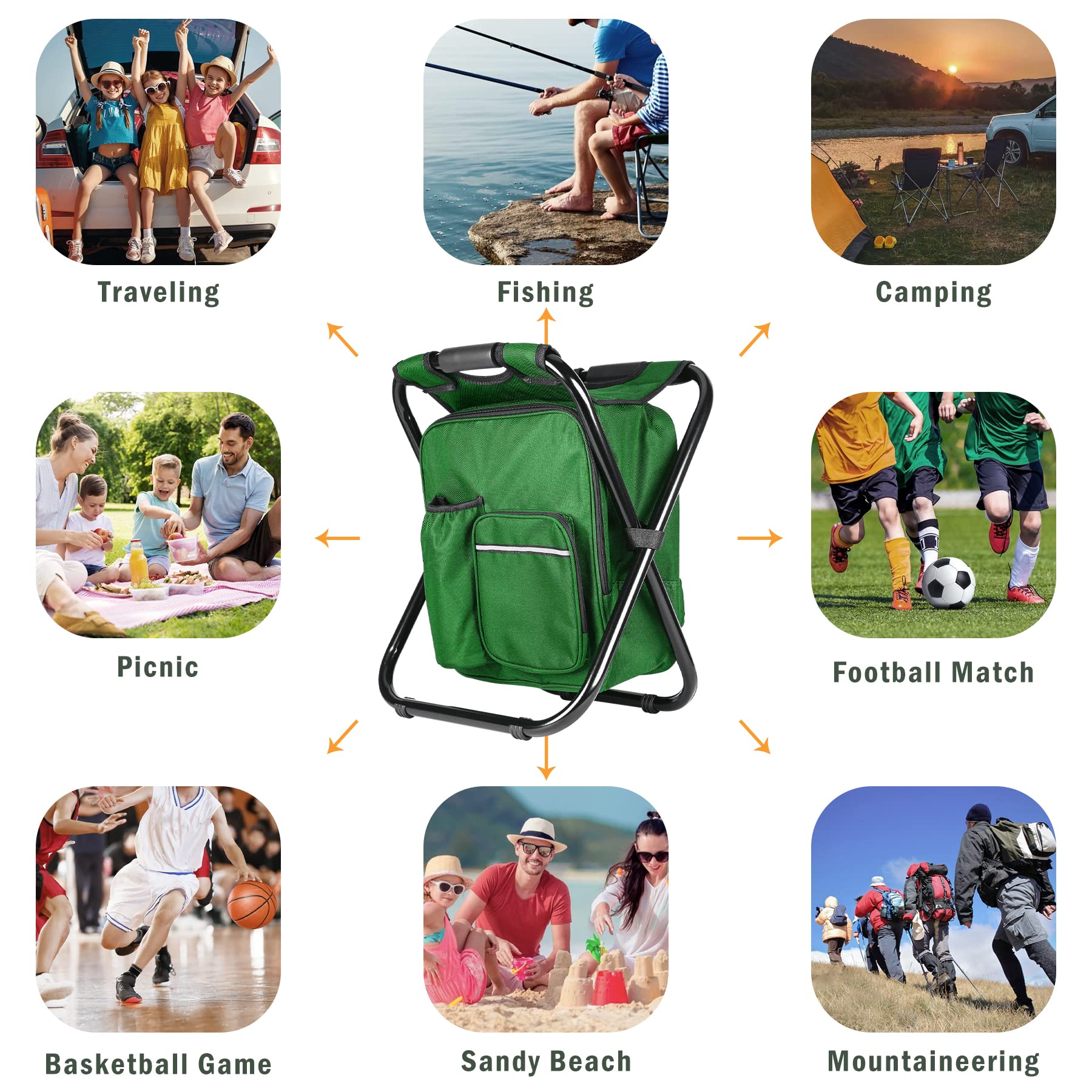 Kikerike Portable Stool Backpack Cooler Chair - 400 LBS Max Load, Folding Fishing Cooler Backpack Stool for Outdoors, Hiking, Beach, Travel, Camping, and Picnics - Army Green