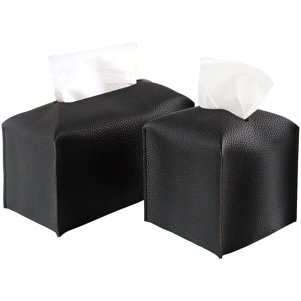 2Pcs PU Leather Tissue Box Covers - Modern Square & Rectangular Decorative Organizers for Bathroom Vanity, Nightstand, Living Room, Office Desk (Black) | Waterproof & Stylish Home Decor Accessories