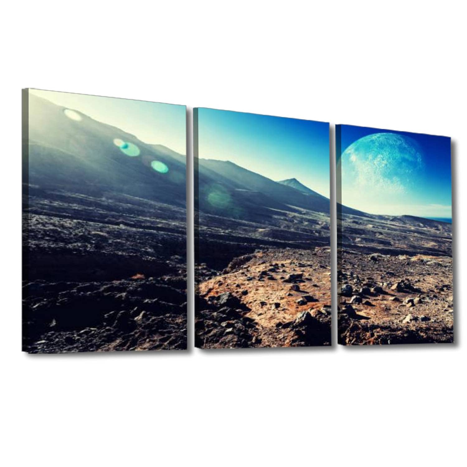 Stunning Canvas Wall Art - Inhospitable Planet Landscape with Mountains & Orbiting Moon - Framed Ready to Hang Home Decor for Living Room, Bedroom & Office