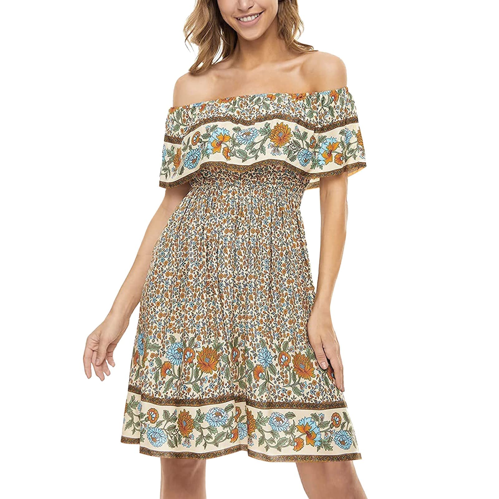 Women's Bohemian Floral Midi Dress - Elastic Smocked Off Shoulder Backless Ruffle Casual Summer Dress for Beach, Vacation & Date Night