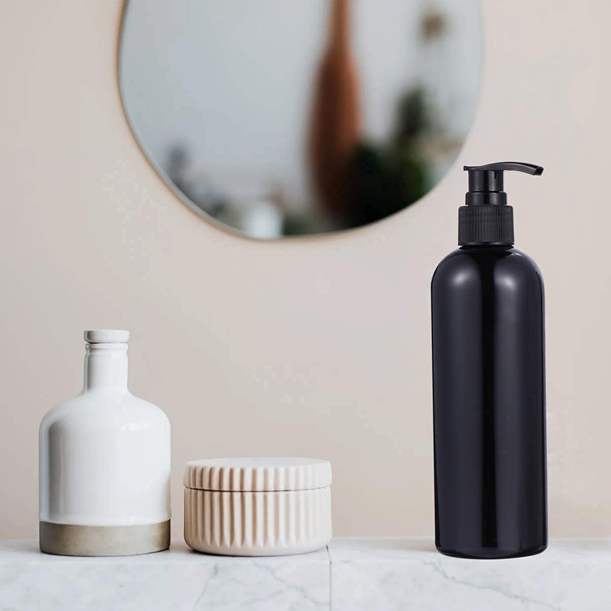 PHARCOS 5-Pack Black Pump Dispenser Bottles for Lotion, Cream, Liquid, Shampoo & Hand Soap - Leakproof Bathroom & Kitchen Organizer for Countertop Storage