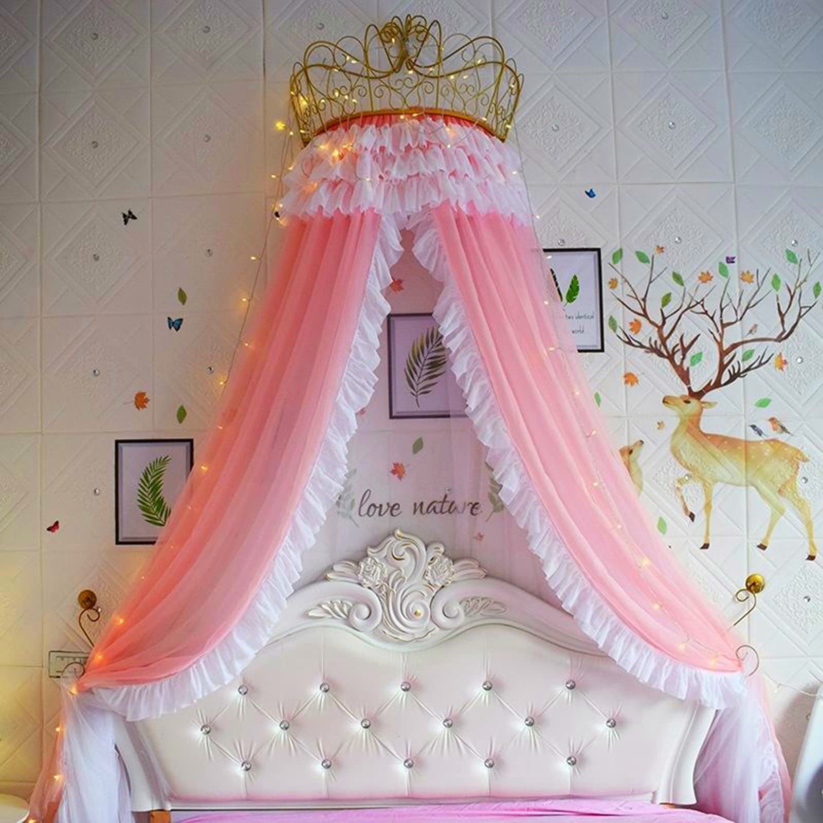 Golden Crown Lace Princess Bed Canopy with Lights - Romantic Double Layer Bed Valance for Girls Bedroom Decor, Pink 1.8m/2m (6ft/6.6ft) - Perfect for Birthday Gifts, Nursery Decor & Fairy Tale Bedroom Themes