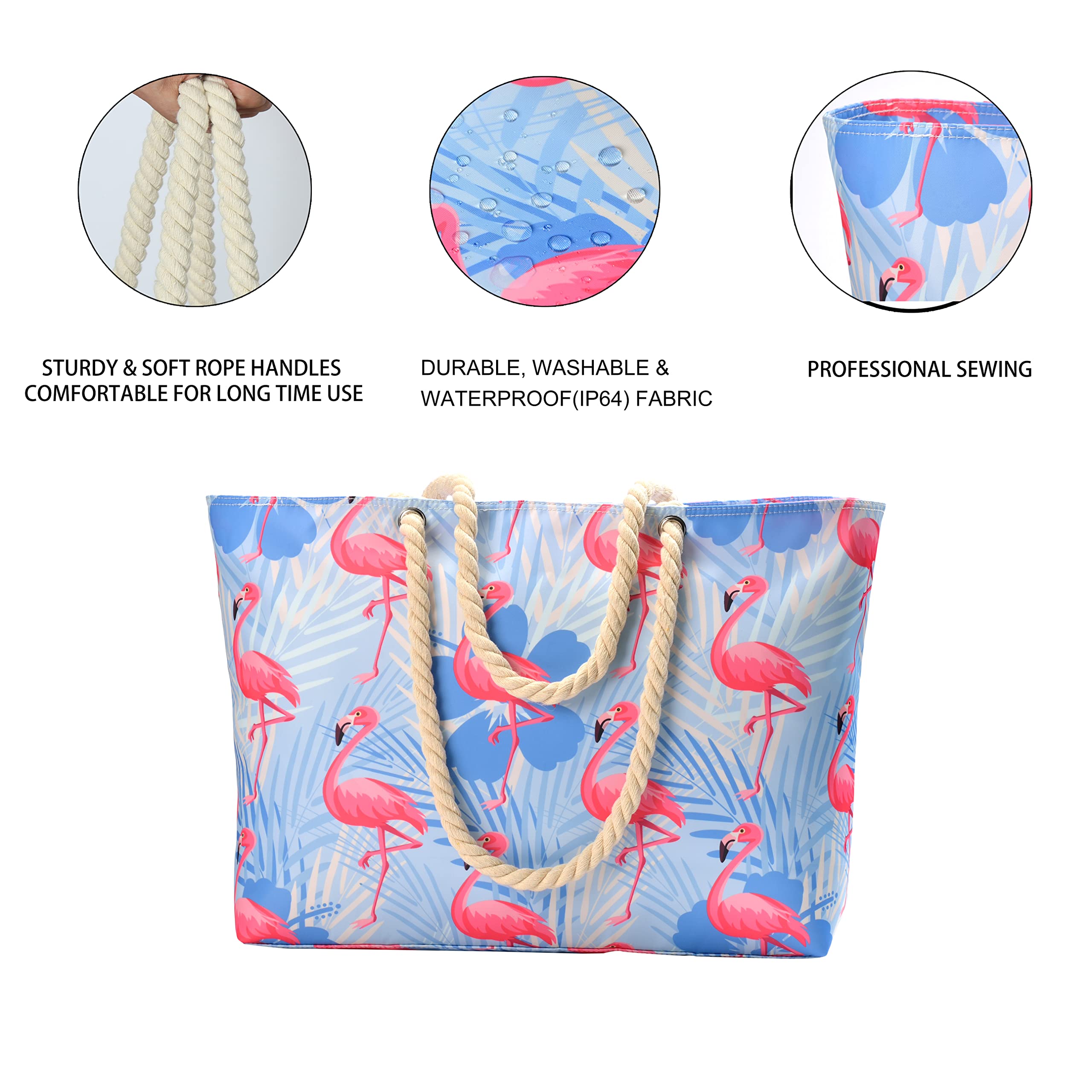 **Large Waterproof Beach Bag for Women - Sandproof Travel Tote with Zipper & Inner Pockets - Perfect for Vacation, Pool, Family Outings & Summer Getaways**