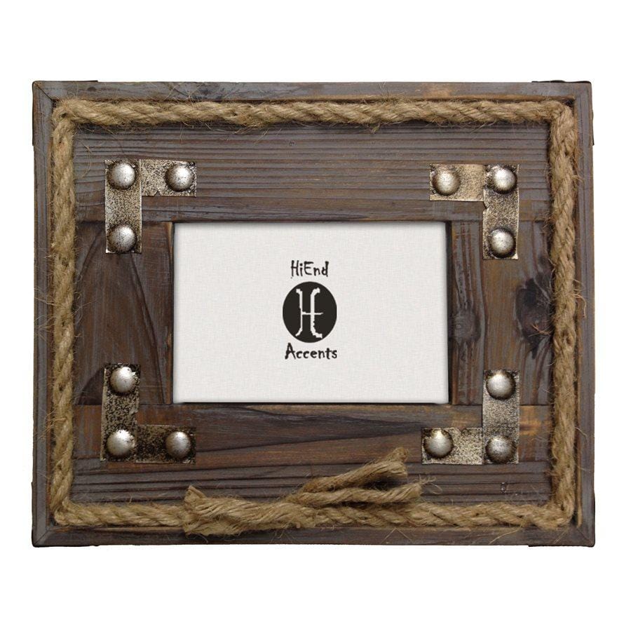 Rustic Wood Picture Frame with Metal Stripes & Rope Accent - Perfect for Farmhouse Decor, Wedding Photos, and Wall Art Displays