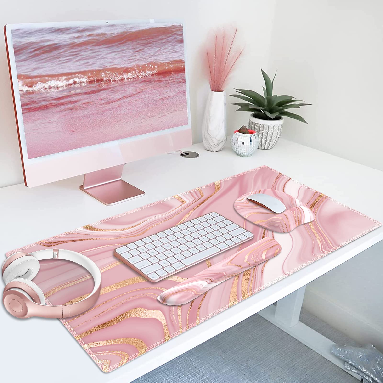 Premium Pink Rose Gold Desk Mat Set - Ergonomic Mouse Pad with Wrist Support & Keyboard Wrist Rest, Non-Slip Office Accessories for Comfortable Computer Work - Perfect for Home Office, Gaming & Workspace Setup