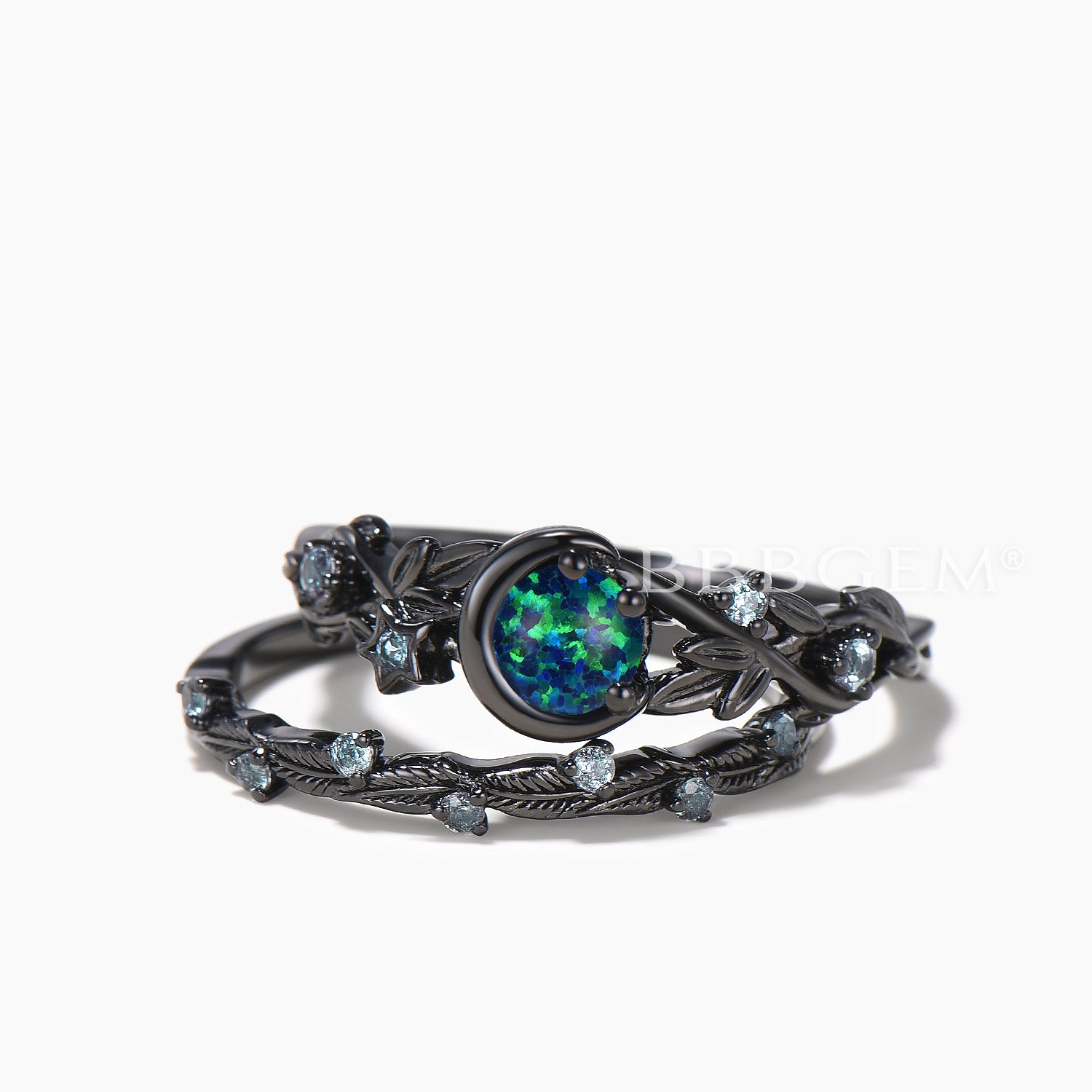 Black Opal & Alexandrite Moon Wedding Ring Set - 14K Black Gold Twisted Band for Women - Perfect for Engagement, Anniversary & Romantic Occasions