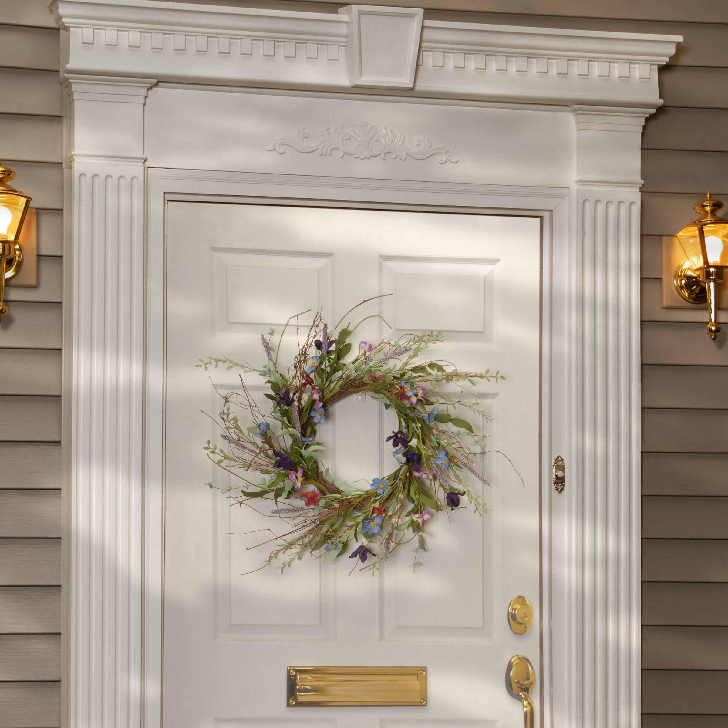 20in. Spring Wreath with Blue, Red and Pink Mixed Flowers, Flowing Green Stems & Seed Pods - Perfect for Front Door Decor, Easter Home Decorations & Seasonal Wall Hanging
