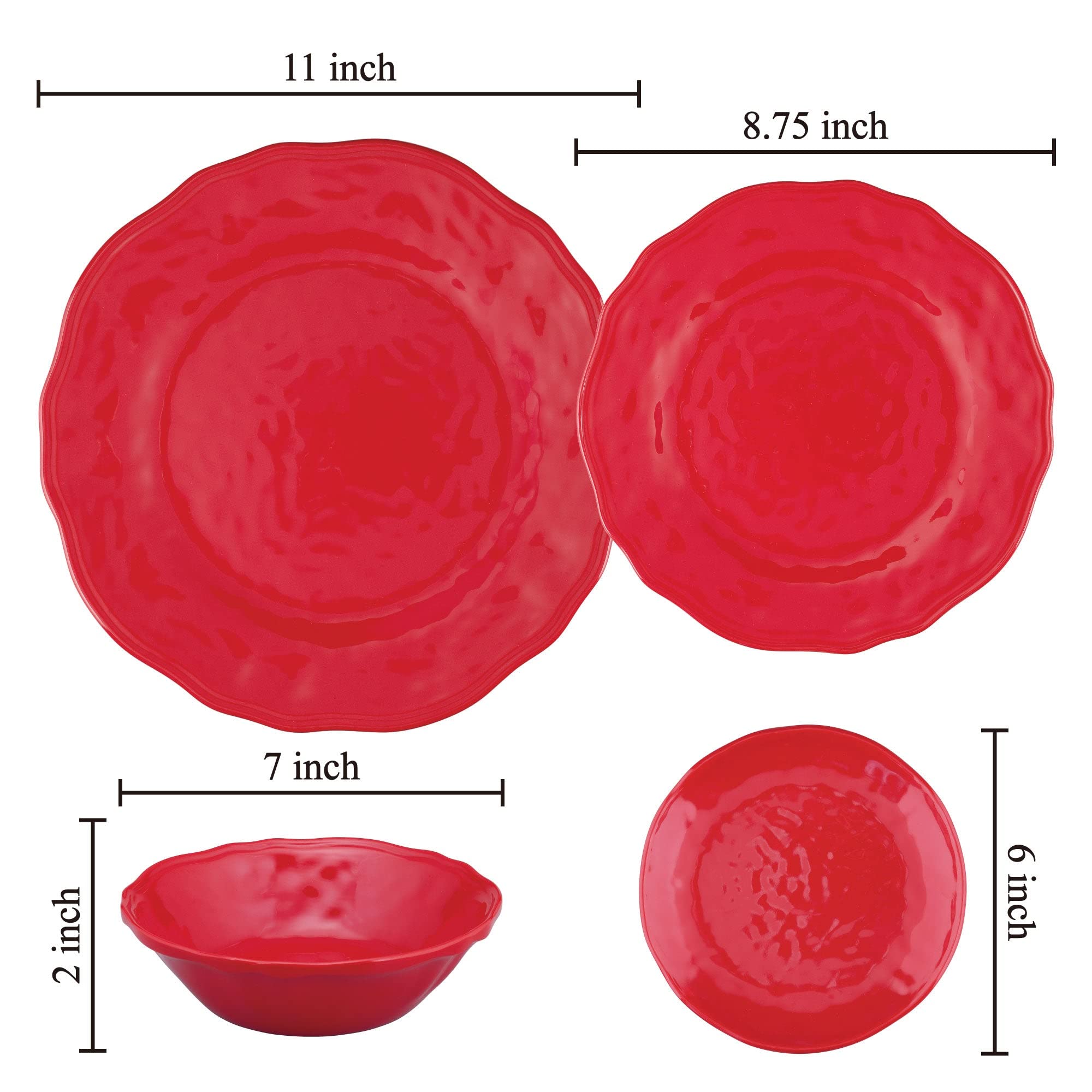 UPware 16-Piece Melamine Dinnerware Set - 4 Dinner Plates, 4 Salad Bowls, 4 Dessert Bowls & 4 Cups - Shatterproof & Lightweight for Outdoor Dining, Picnics, Camping & Everyday Use (Holiday Red)