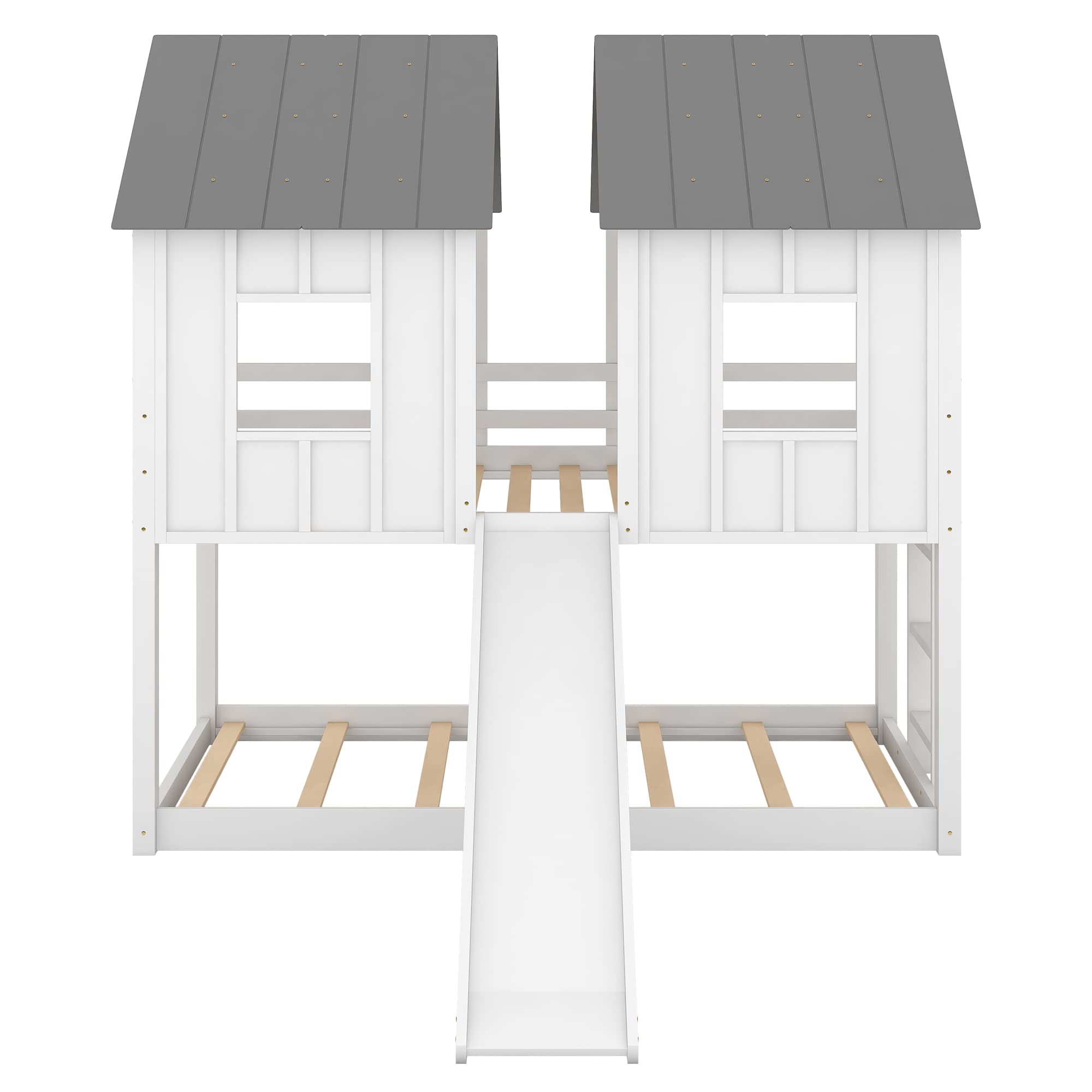Wooden Twin Over Twin Bunk Bed with Slide - Fun Playhouse Loft Bed for Kids, Teens, Boys & Girls - Sturdy White Frame for Bedroom, Playroom or Dorm