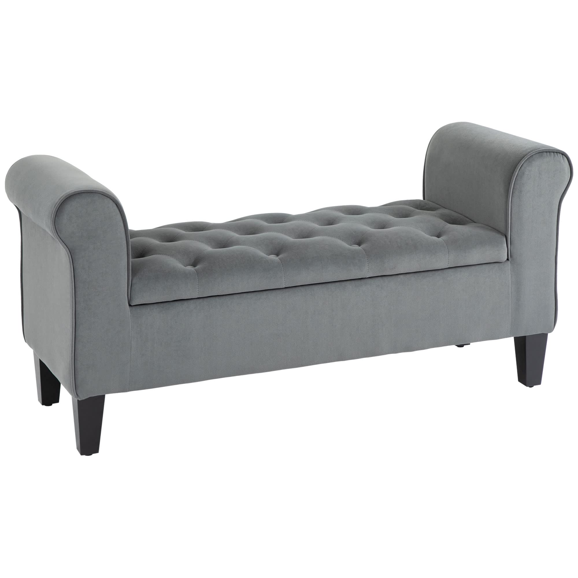 HOMCOM Button-Tufted Storage Ottoman Bench with Rolled Armrests - Upholstered Gray Footrest Seat for Living Room, Bedroom or Hallway - Perfect for Extra Seating & Hidden Storage
