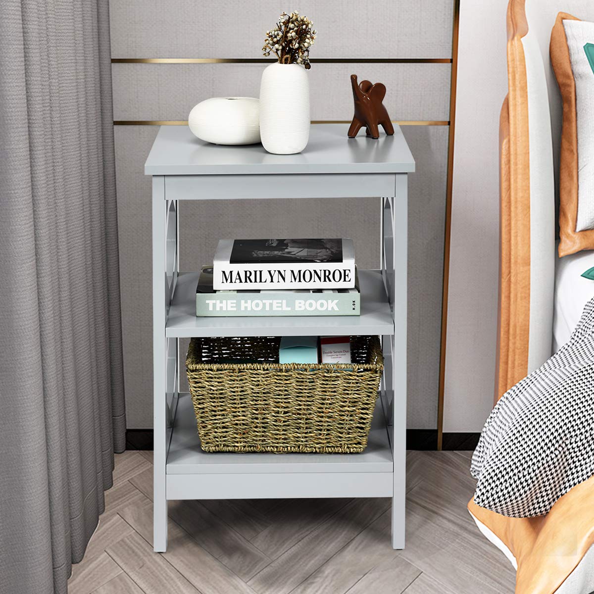 KOTEK 3-Tier Nightstand Set of 2, Wooden Side Table with Storage Shelves for Bedroom & Living Room - Sturdy Accent Table, End Table or Bedside Table - Easy Assembly (Grey) | Perfect for Small Spaces, Apartment Decor & Nightstand Organization