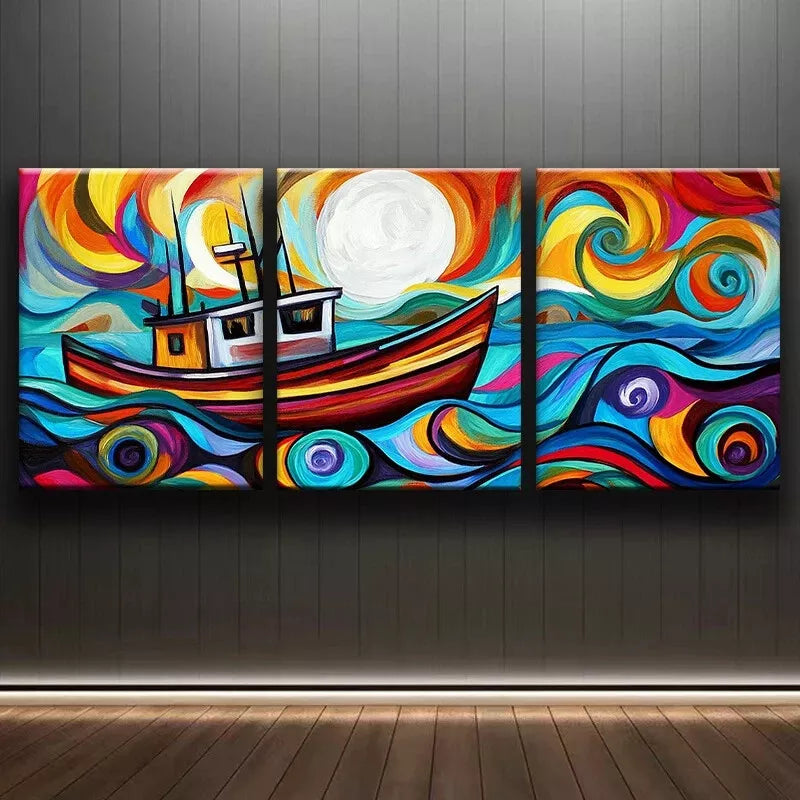 3-Piece Abstract Fishing Trawler Wall Art Set - Framed Canvas Prints 40x60cm - High Quality Australian Made Ready-to-Hang Decor for Living Room, Office & Coastal Homes
