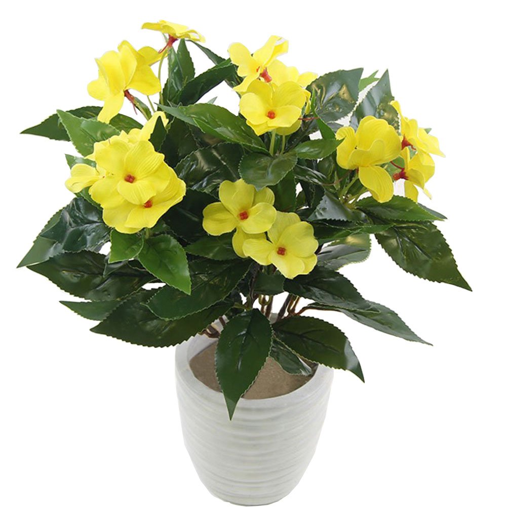 Lopkey 7-Branch Artificial Impatiens Bouquet - Vibrant Yellow Silk Flowers for Wedding, Garden, Patio & Home Decor - Perfect for Centerpieces, Photo Props & Outdoor Landscaping