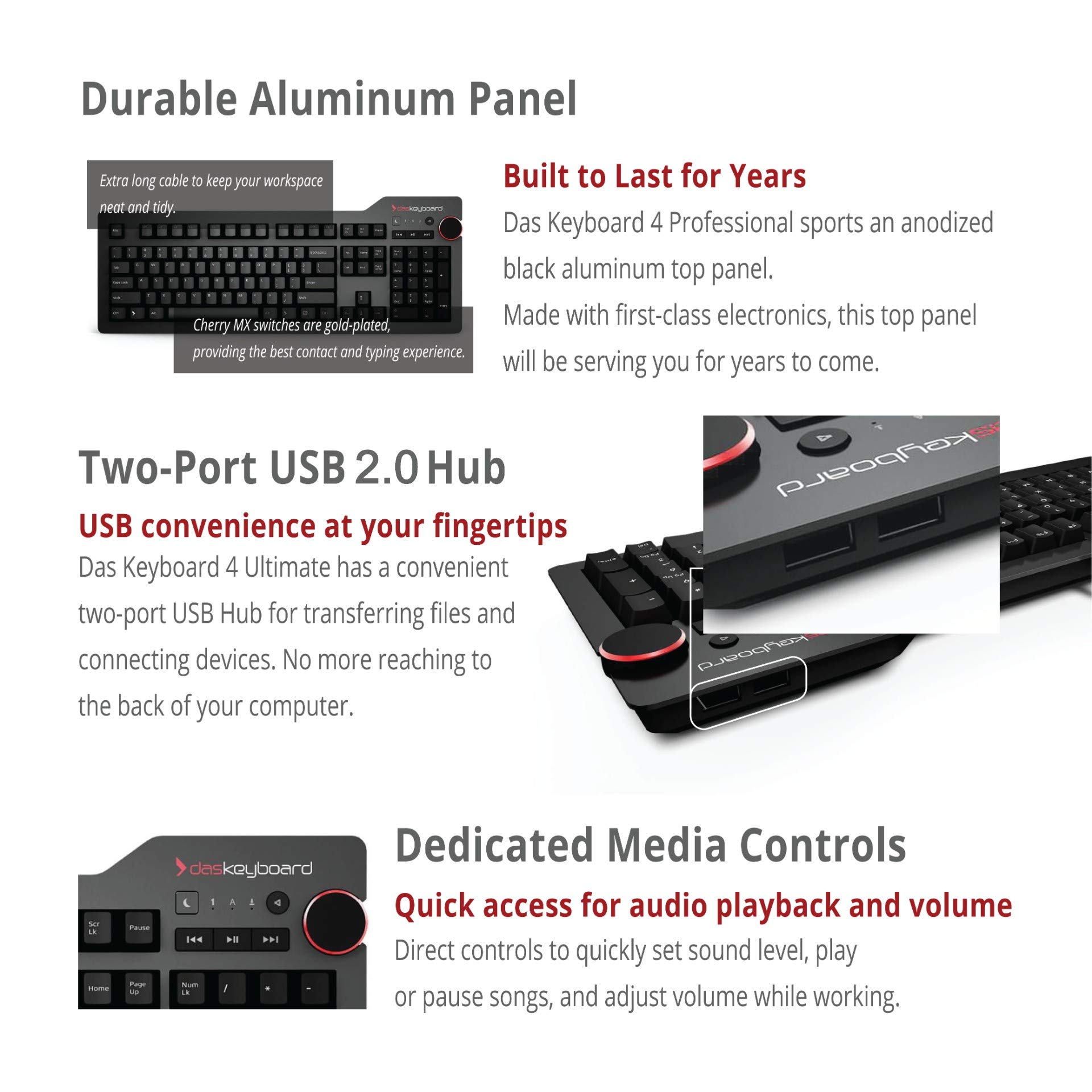 Das Keyboard 4 Professional Wired Mechanical Keyboard with Cherry MX Blue Switches - 2-Port USB 2.0 Hub, Laser-Etched Keycaps & Volume Knob - Aluminum Frame (104 Keys, Black) - Perfect for Gaming, Coding & Office Work