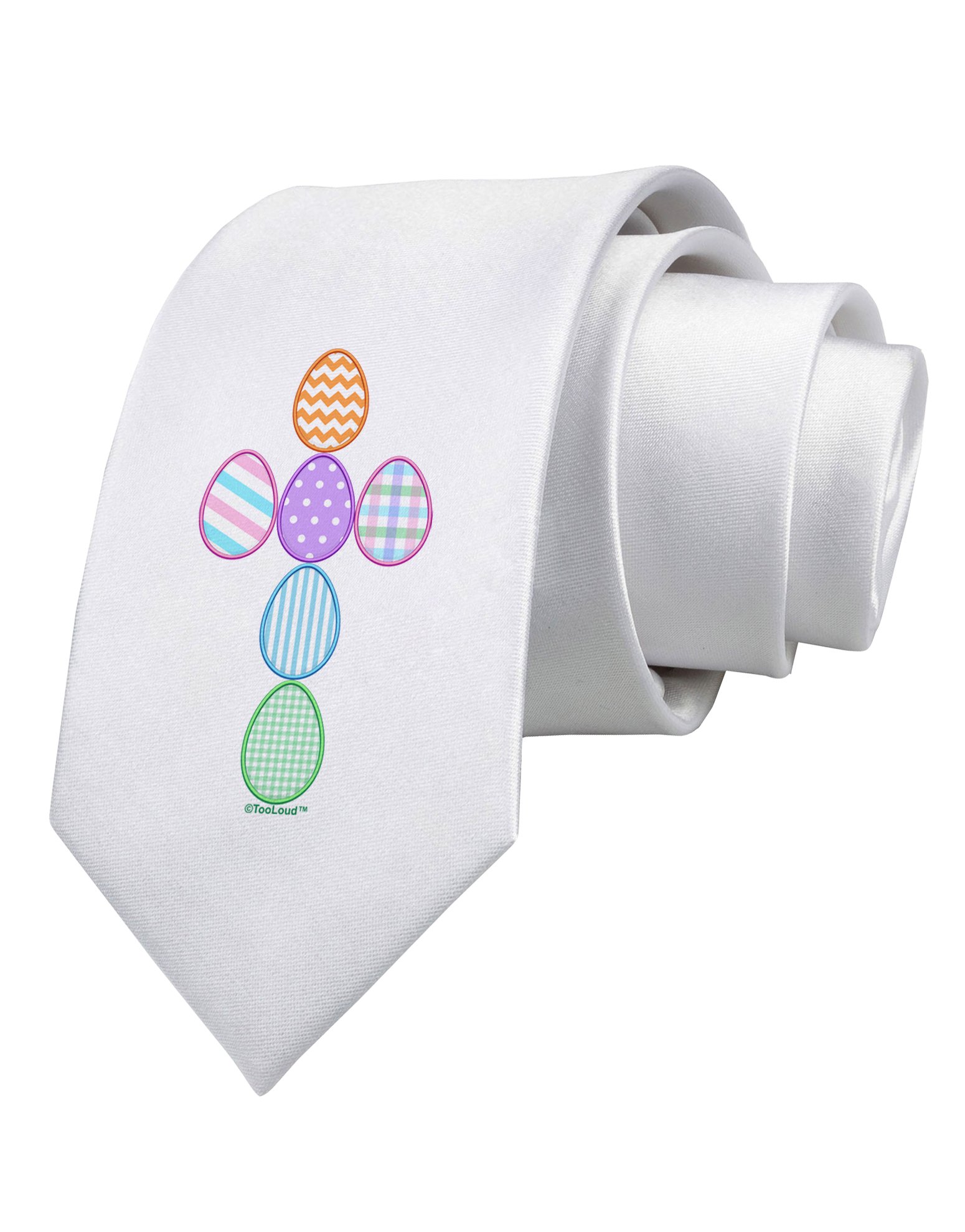 TooLoud Easter Egg Cross Faux Applique Printed White Neck Tie - Stylish Church Accessory for Easter Sunday, Weddings & Formal Events