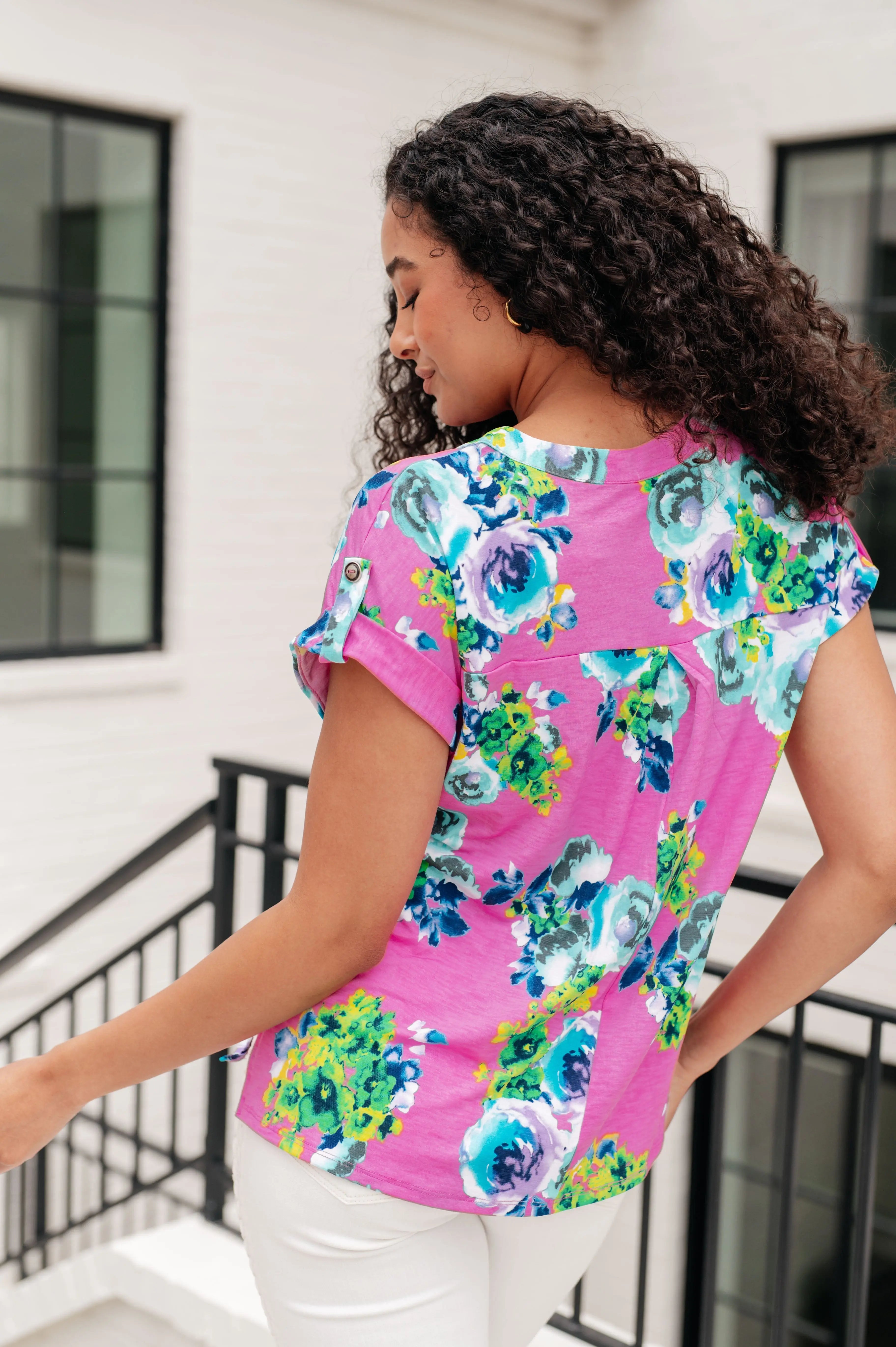 Lizzy Cap Sleeve Top - Coral & Blue Floral Print Women's Blouse for Casual Wear, Summer Outfits, and Office Attire