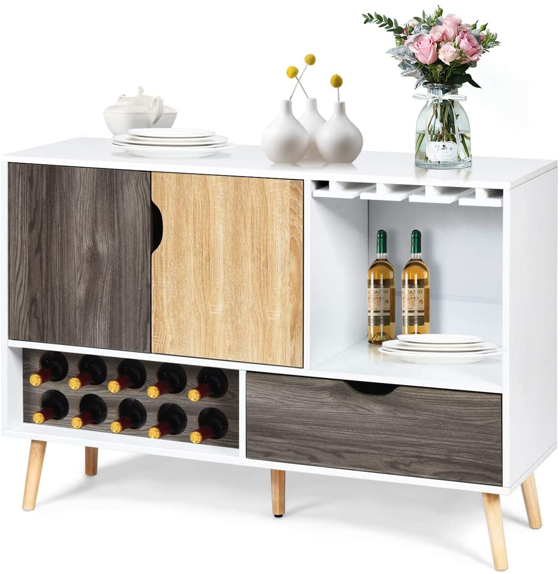 Buffet Sideboard with 10-Bottle Wine Rack & Glass Shelves - Kitchen Storage Cabinet with Drawer & Door Shelf - Perfect for Dining Room, Living Room & Kitchen Organization