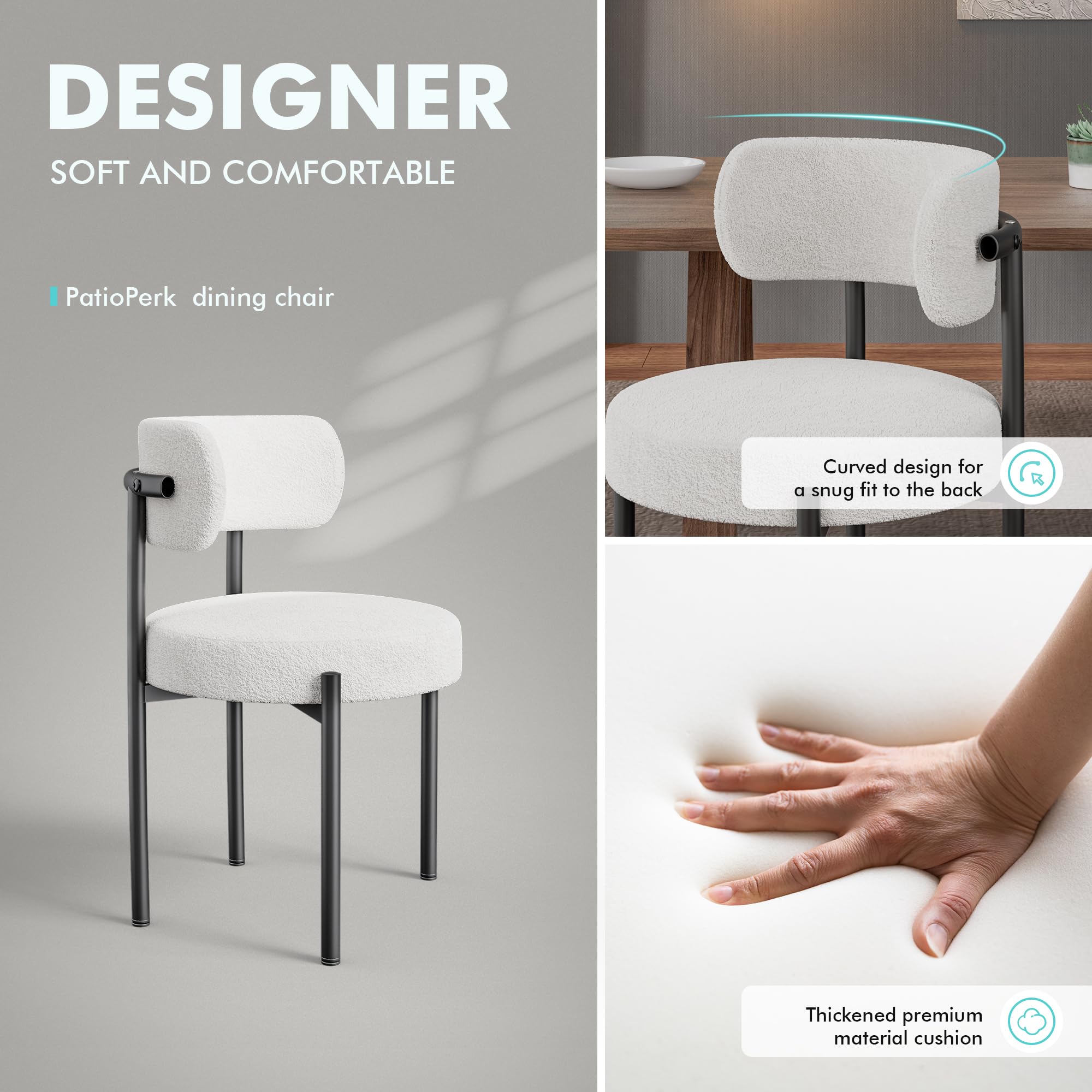 Boucle Dining Chairs Set of 4 - White Mid Century Modern Upholstered Chairs with Curved Backrest & Metal Legs | Cozy Sherpa Fabric | Perfect for Kitchen, Dining Room, Breakfast Nook & Small Spaces
