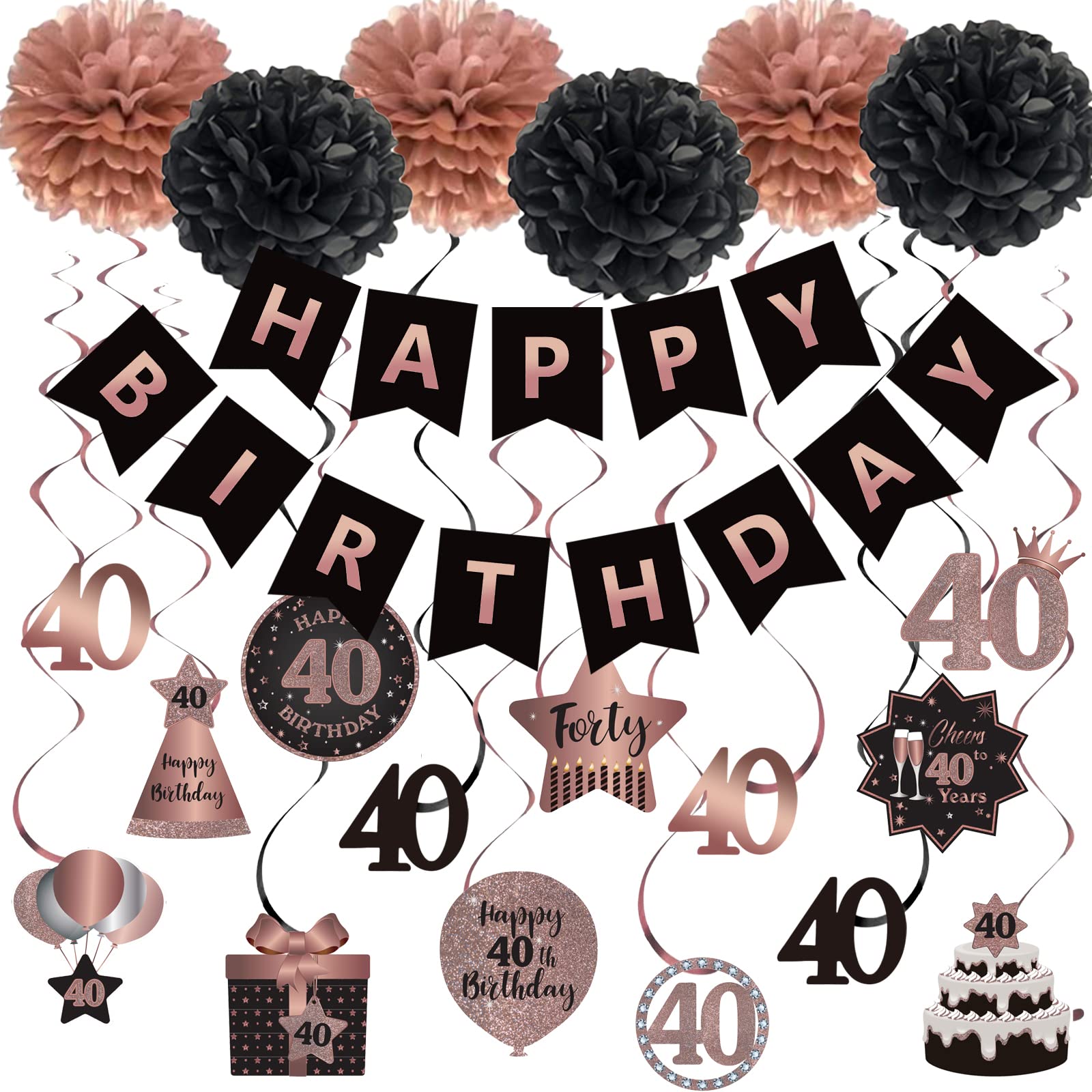 BRT Bearingshui Rose Gold & Black 40th Birthday Decorations Set - Hanging Swirl Streamers, Tissue Pompoms & Birthday Banner - Perfect for 40 Years Old Party Backdrop & Anniversary Celebration Decor