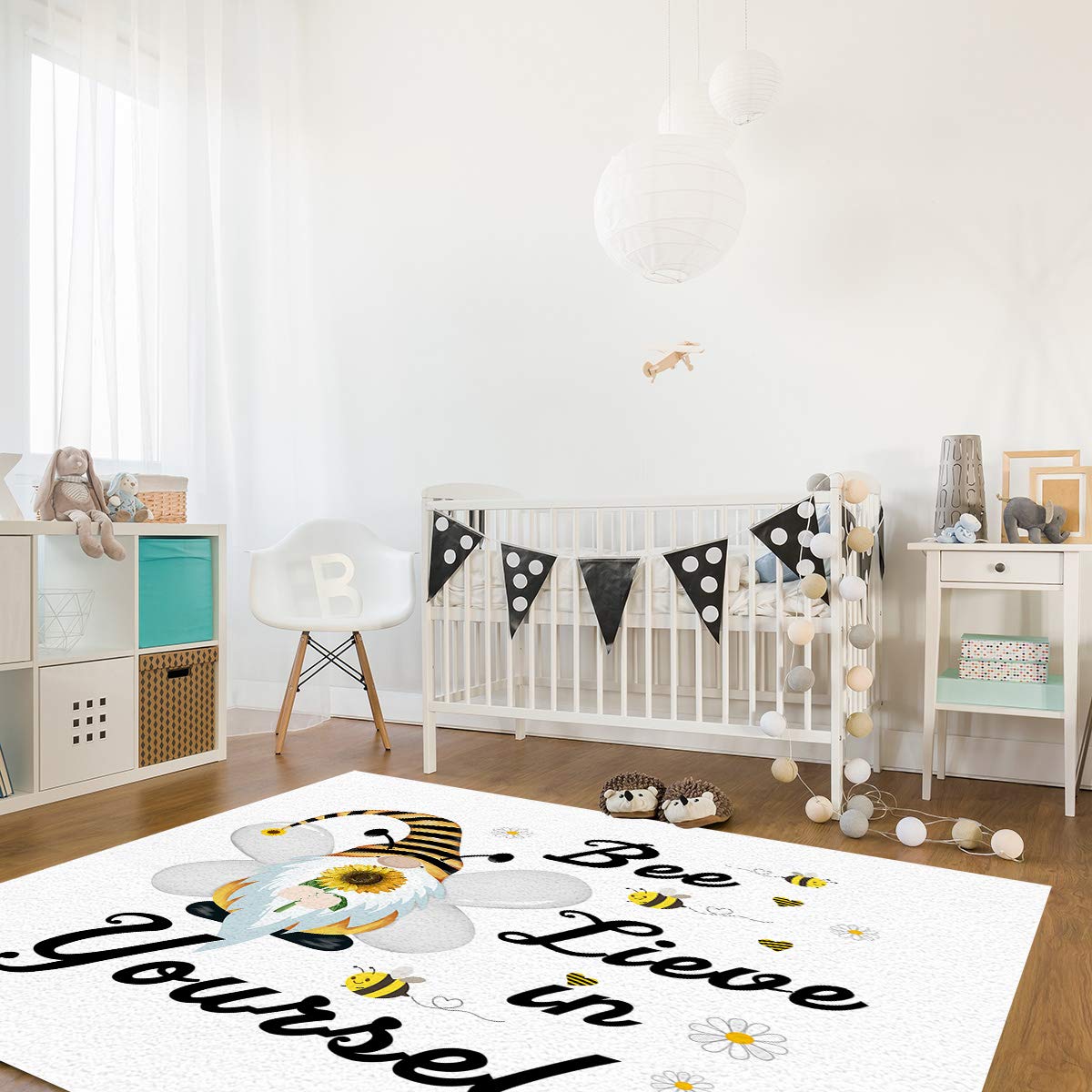 5'x7' Yellow Sunflower Geometric Stripe Non-Slip Area Rug - Washable Accent Carpet for Living Room, Bedroom, Kitchen, Front Porch & Bathroom | Gnome & Bee Design Floor Mat for Home Decor
