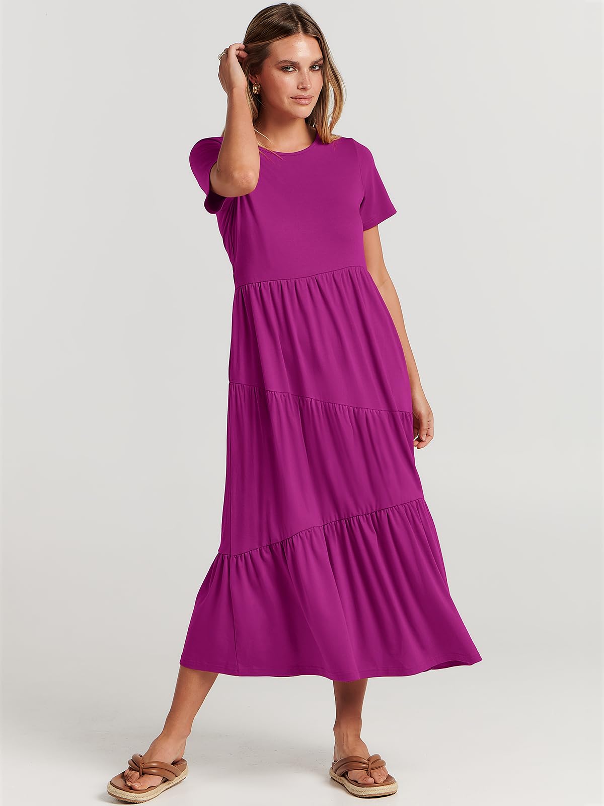 ANRABESS Women's Summer Maxi Dress - Short Sleeve Casual Swing Dress, Asymmetric Tiered Beach Sundress for Vacation, Long Dress for Beach Outings, Pool Parties and Summer Getaways