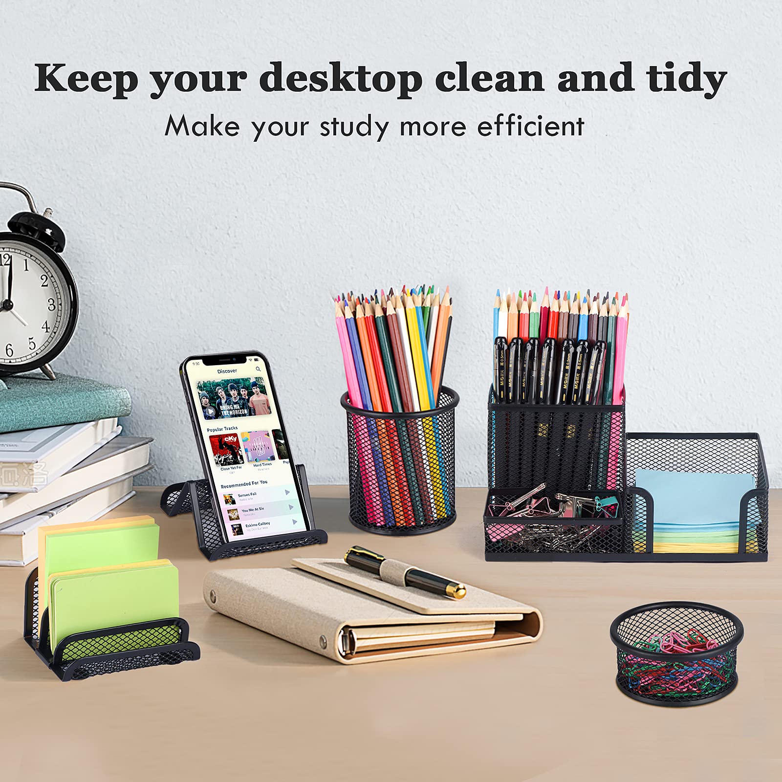 6-Piece Mesh Desk Organizer Set with 3 Compartments - Pen Holder, Mail Organizer & Letter Tray for Home Office Supplies - Black Desktop Storage Baskets (Perfect for Organizing Stationery, Documents & Office Accessories)