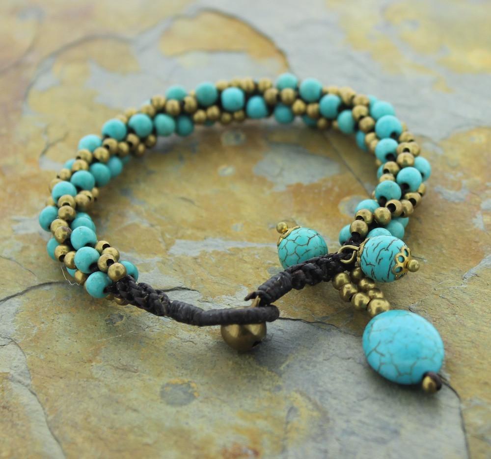 Handmade Himalayan Turquoise & Brass Beaded Bracelet for Women - Boho Chic Jewelry for Casual Wear, Yoga & Meditation