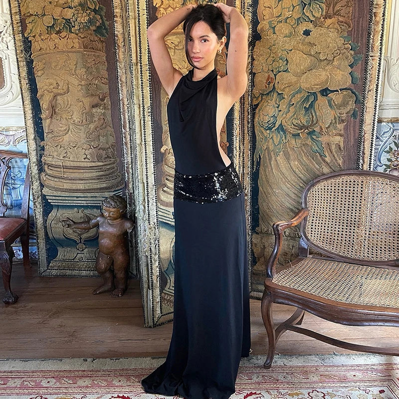 Elegant Black Halter Backless Glitter Maxi Dress for Women - High Waist Sleeveless Long Gown for Evening Party, Prom, Wedding Guest & Special Occasions