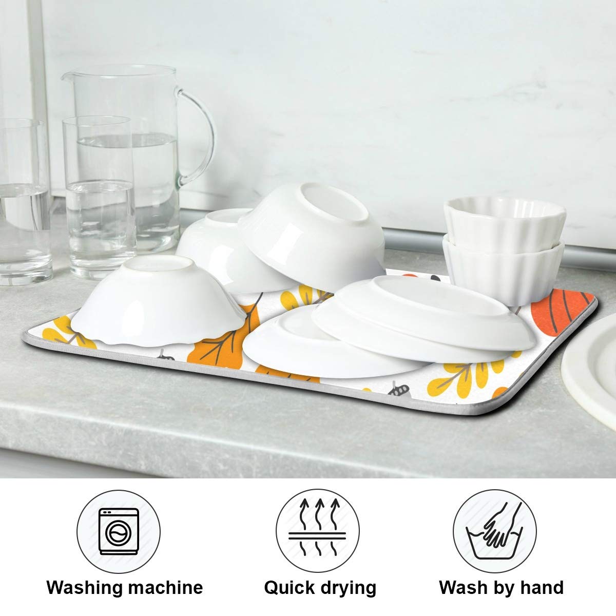 Fall Pumpkin Maple Leaves Dish Drying Mat - Fast Absorbent Kitchen Counter Mat for Thanksgiving Dishes