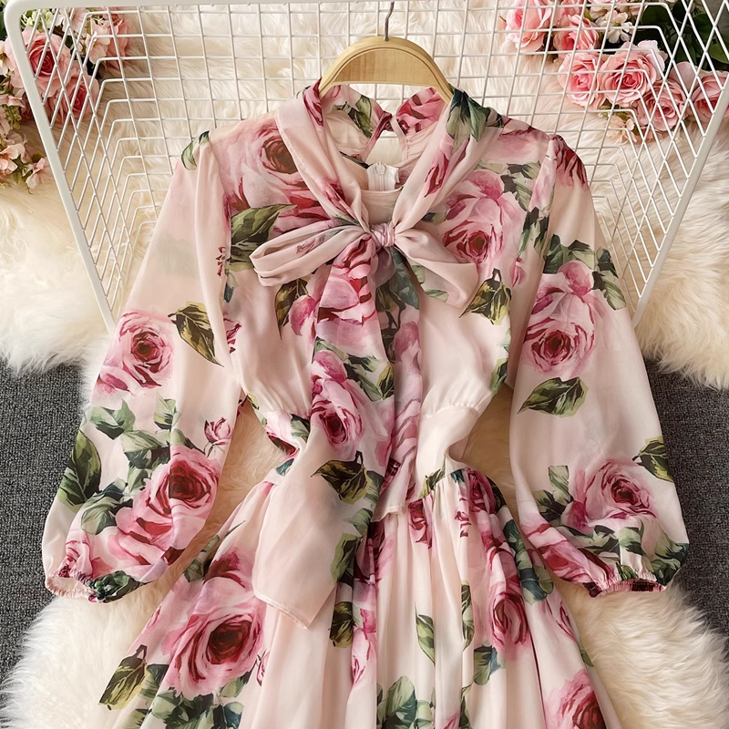 Fairy Rose Floral Print Dress with Bow Tie - Elegant Long Skirt for Women | Perfect for Weddings, Parties & Special Occasions