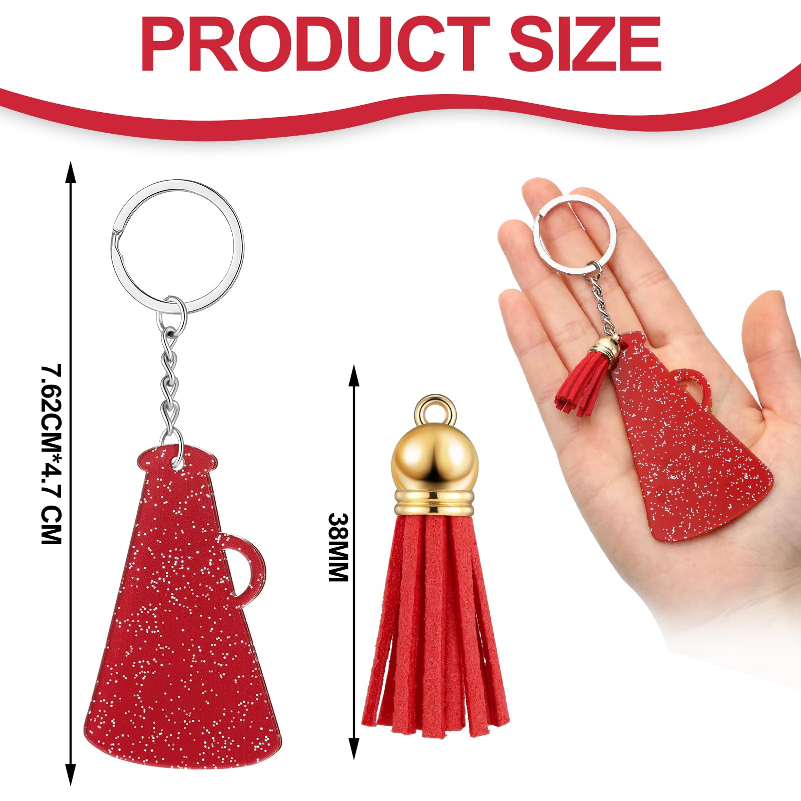 20 Sets Bulk Cheerleader Gifts - Glittery Red Megaphone Keychains with Tassel - Perfect for Team Cheer, Cheerleading Parties & Sports Events - Great as Motivational Gifts for Players and Fans