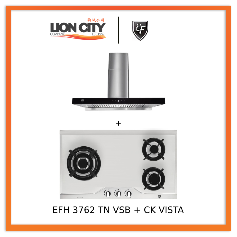 EF EFH 3762 TN VSB 78cm Built-in Stainless Steel Gas Hob + CK VISTA 90CM Cooker Hood - Premium Kitchen Appliances for Modern Home Cooking