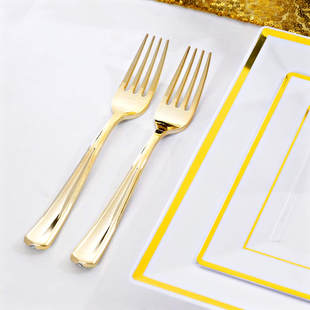 50-Pack Gold Plastic Plates with Disposable Cutlery & Cups - Square Disposable Dinnerware Set with Napkins for Wedding, Party & Events - Elegant Tableware for Bridal Showers, Baby Showers & Banquets