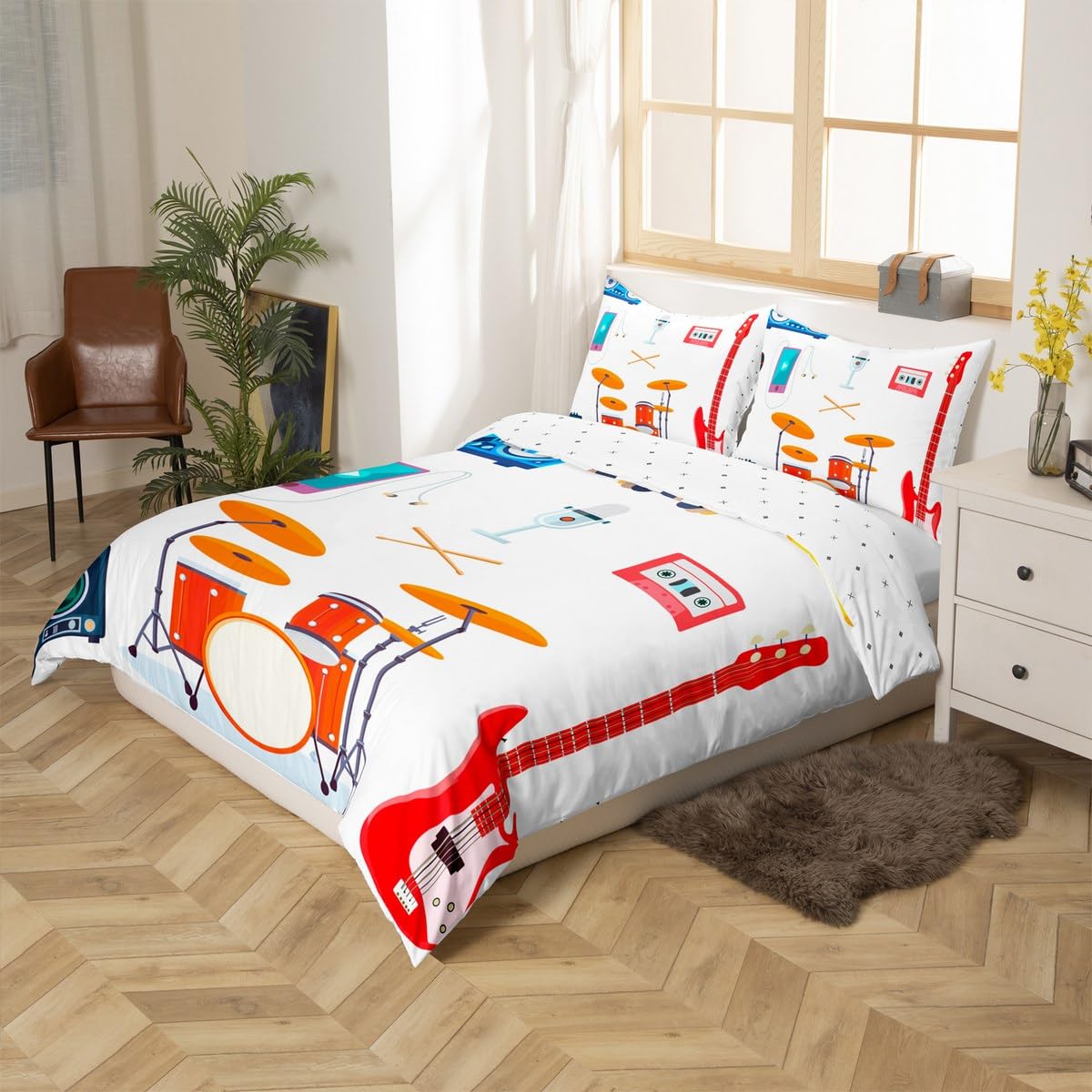 Boys Electric Guitar Bedding Set Full Size, Music Notes & Instruments Comforter Cover, Drum Kit Design for Kids, Girls, Teens, Hip Hop Style Duvet Cover with Speakers & Microphone, Perfect for Youth Bedrooms & Music-Themed Decor