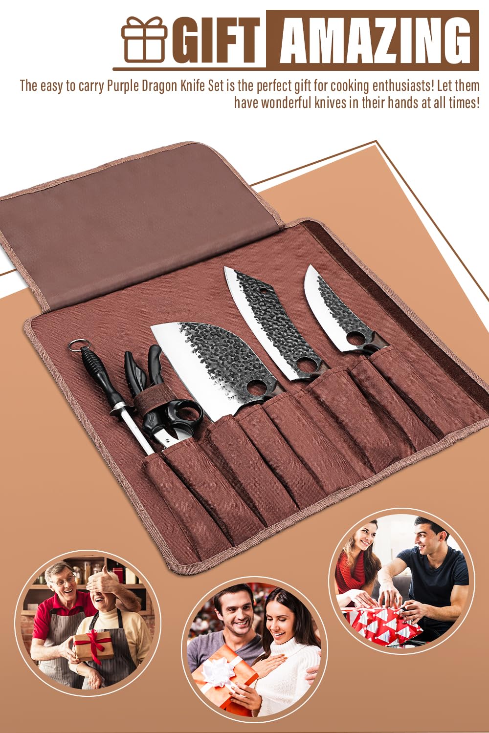 9-Piece Purple Dragon Chef Knife Set - High Carbon Steel Hand-Forged Kitchen Knives with Boning, Carving & Cleaver Knives - Includes Roll Bag for Storage - Perfect for Home Cooking, BBQ & Camping