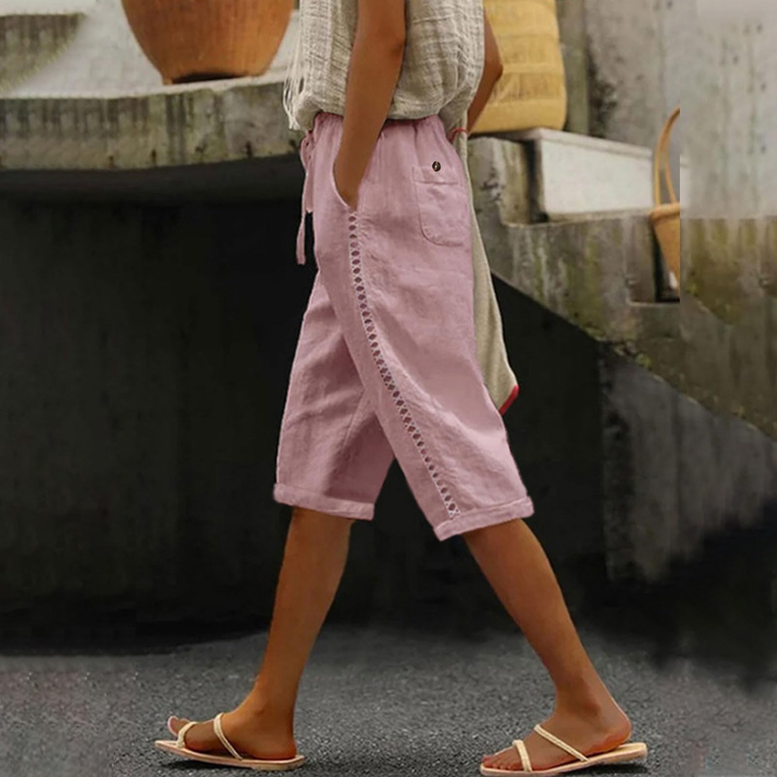 Women's Lace Drawstring Bermuda Shorts - Soft Cotton Linen Summer Lounge Shorts for Casual Wear & Spring Fashion 2024 | Perfect for Beach Vacations, Yoga, and Relaxing at Home