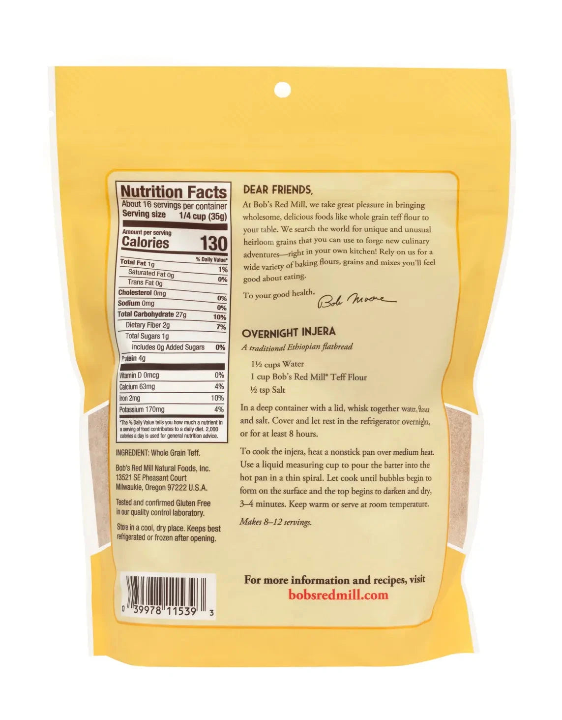 Organic Teff Flour by Bob's Red Mill - Gluten-Free, Non-GMO, Whole Grain for Baking Bread, Pancakes & Injera (Ethiopian Flatbread) - Perfect for Healthy, Vegan & Paleo Diets